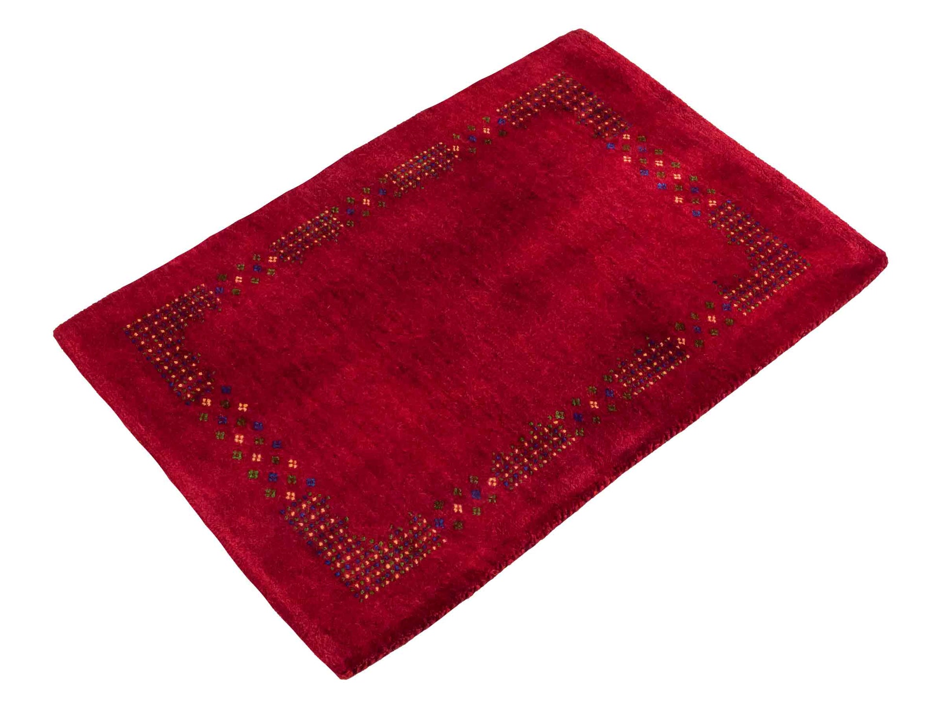 Handgeknüpfter Indo Loribaft Orientteppich von Khademi aus Wolle, rot. Geometrisches Nomaden-Design. Von Hand geknüpft in Indien. Größe: 92x62cm. Teppichnummer: KB4-1729. Verkauf durch Jupiter Intl.