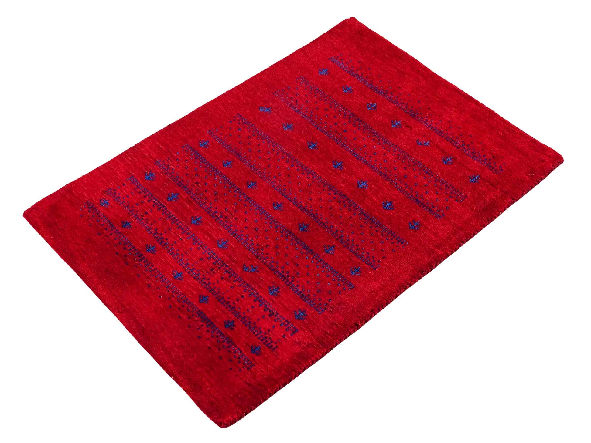 Handgeknüpfter Indo Loribaft Orientteppich von Khademi aus Wolle, rot. Geometrisches Nomaden-Design. Von Hand geknüpft in Indien. Größe: 92x64cm. Teppichnummer: KB4-1746. Verkauf durch Jupiter Intl.