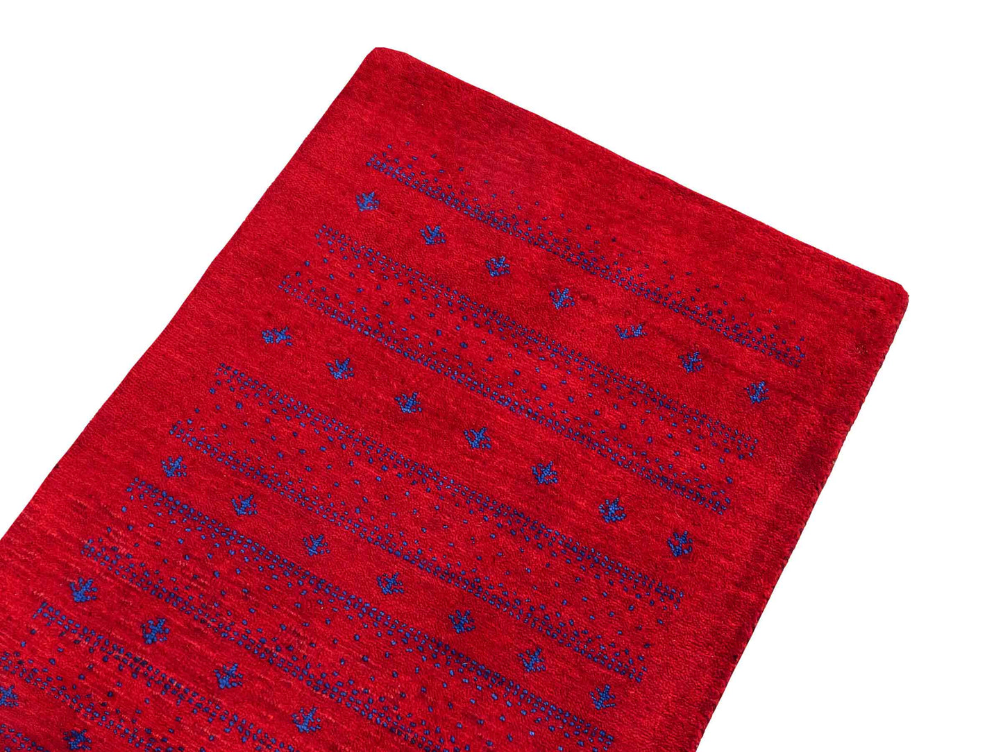 Handgeknüpfter Indo Loribaft Orientteppich von Khademi aus Wolle, rot. Geometrisches Nomaden-Design. Von Hand geknüpft in Indien. Größe: 92x64cm. Teppichnummer: KB4-1746. Verkauf durch Jupiter Intl.