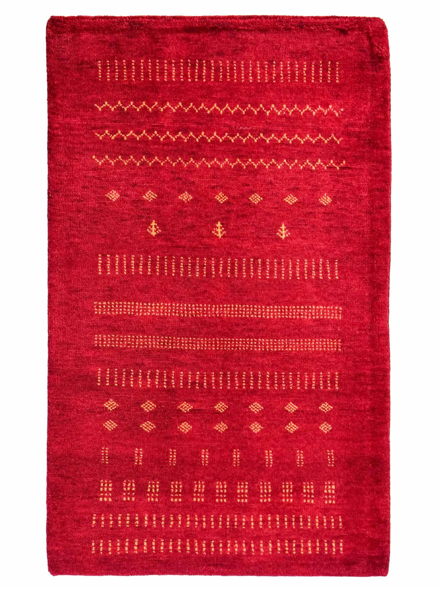 Handgeknüpfter Indo Loribaft Orientteppich von Khademi aus Wolle, rot. Geometrisches Nomaden-Design. Von Hand geknüpft in Indien. Größe: 92x65cm. Teppichnummer: KB4-1764. Verkauf durch Jupiter Intl.