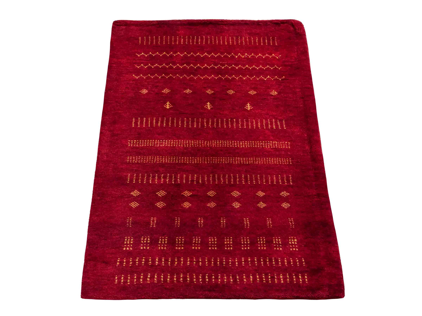 Handgeknüpfter Indo Loribaft Orientteppich von Khademi aus Wolle, rot. Geometrisches Nomaden-Design. Von Hand geknüpft in Indien. Größe: 92x65cm. Teppichnummer: KB4-1764. Verkauf durch Jupiter Intl.