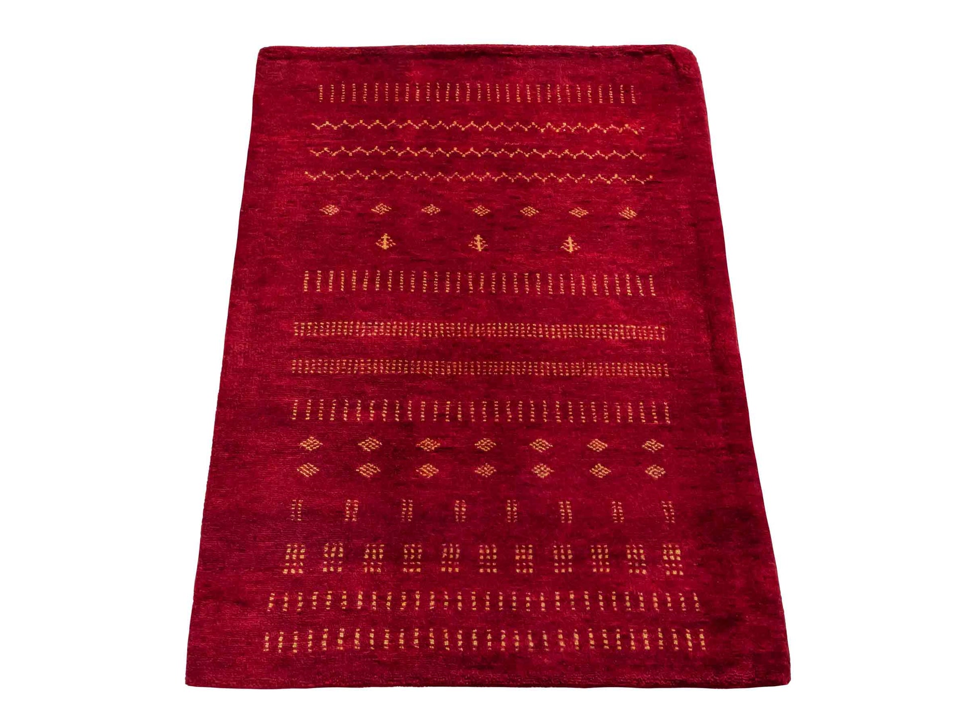 Handgeknüpfter Indo Loribaft Orientteppich von Khademi aus Wolle, rot. Geometrisches Nomaden-Design. Von Hand geknüpft in Indien. Größe: 92x65cm. Teppichnummer: KB4-1764. Verkauf durch Jupiter Intl.
