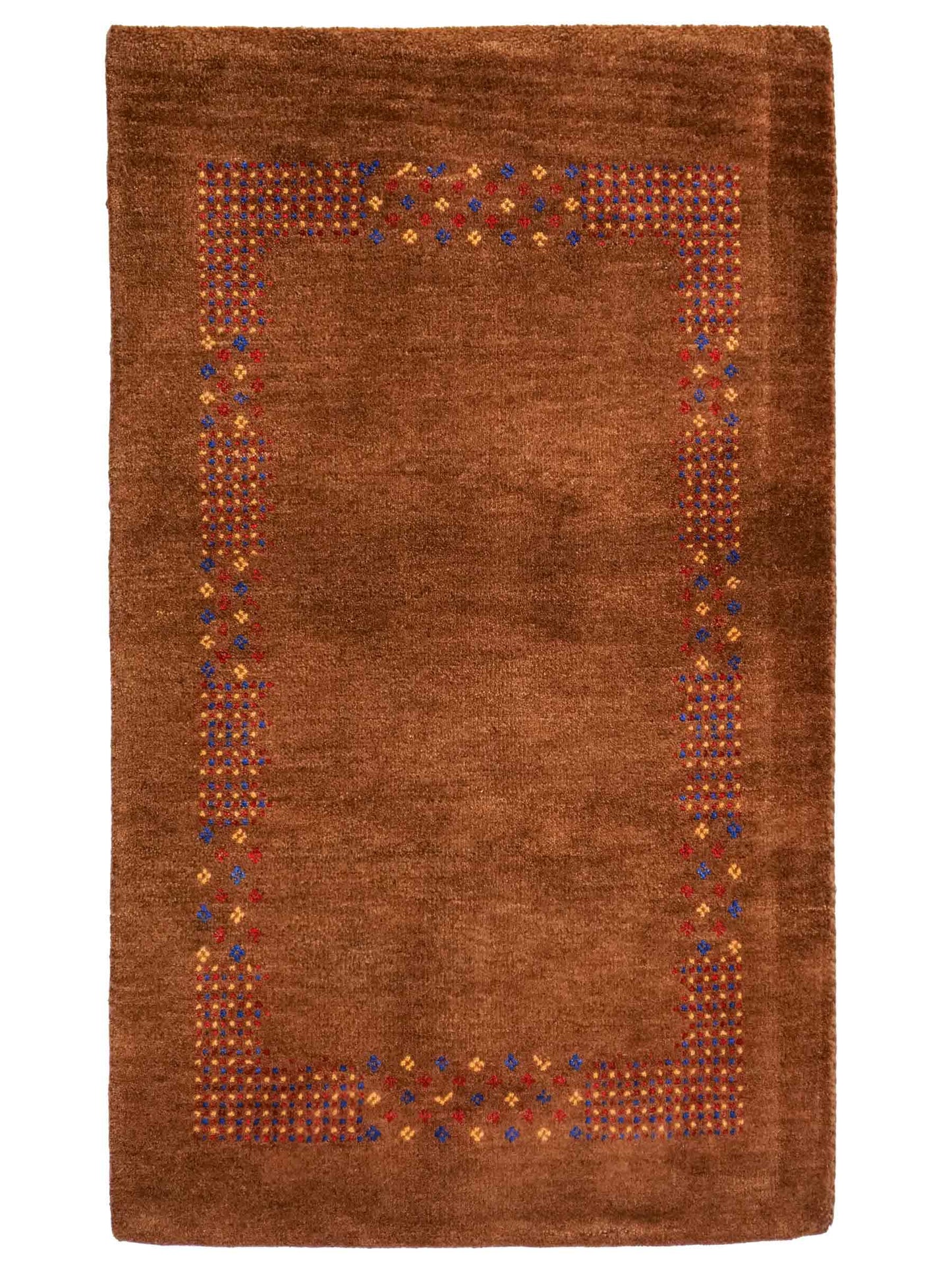 Handgeknüpfter Indo Loribaft Orientteppich von Khademi aus Wolle, braun. Geometrisches Nomaden-Design. Von Hand geknüpft in Indien. Größe: 93x60cm. Teppichnummer: KB4-1717. Verkauf durch Jupiter Intl.