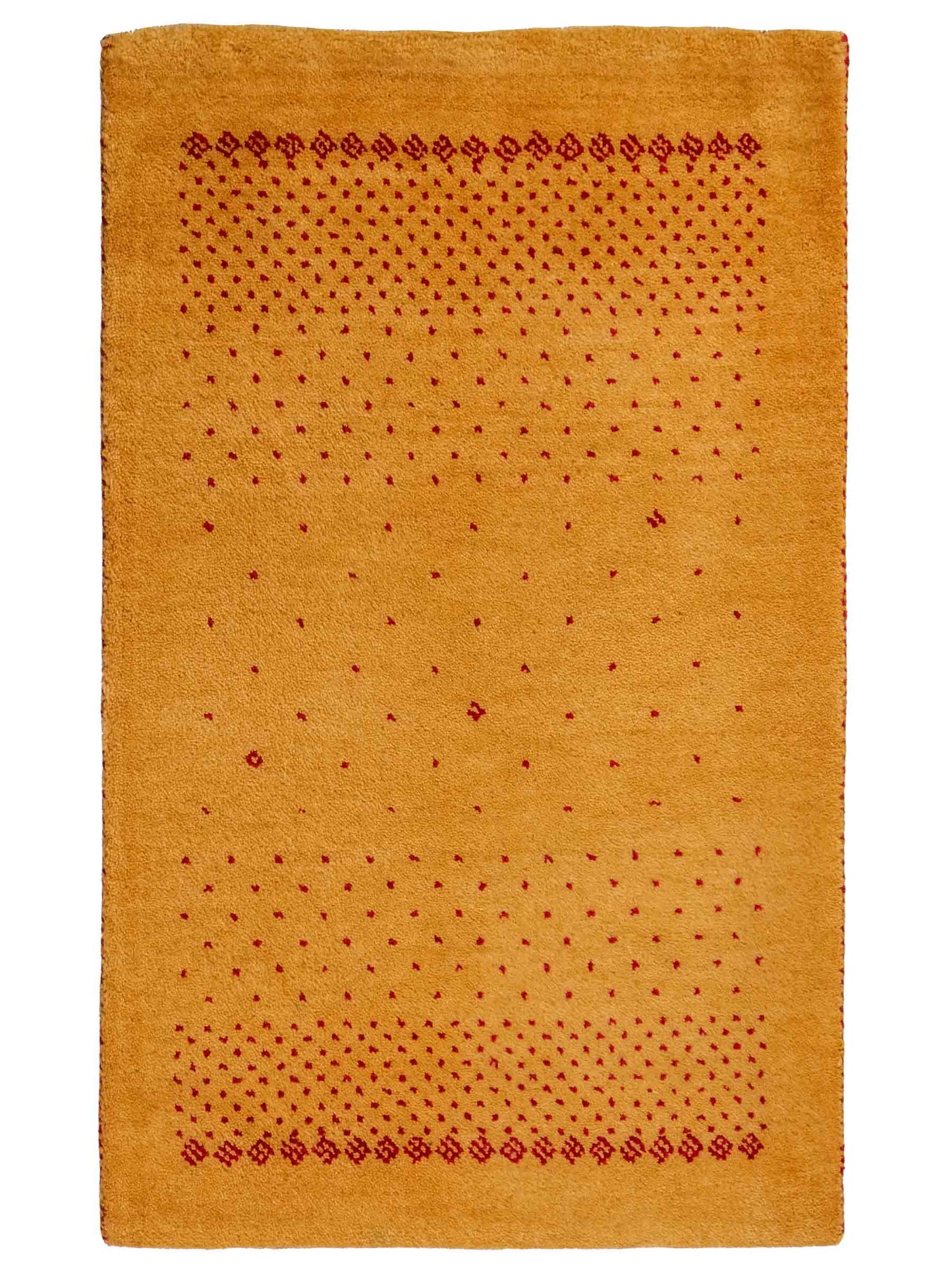 Handgeknüpfter Indo Loribaft Orientteppich von Khademi aus Wolle, gold. Geometrisches Nomaden-Design. Von Hand geknüpft in Indien. Größe: 93x60cm. Teppichnummer: KB4-1759. Verkauf durch Jupiter Intl.