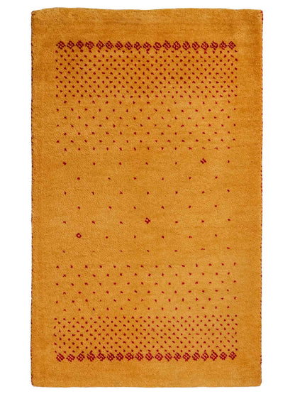 Handgeknüpfter Indo Loribaft Orientteppich von Khademi aus Wolle, gold. Geometrisches Nomaden-Design. Von Hand geknüpft in Indien. Größe: 93x60cm. Teppichnummer: KB4-1759. Verkauf durch Jupiter Intl.