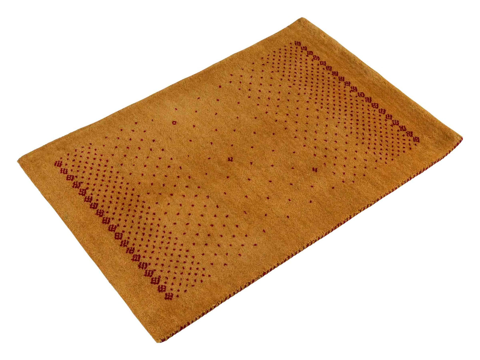 Handgeknüpfter Indo Loribaft Orientteppich von Khademi aus Wolle, gold. Geometrisches Nomaden-Design. Von Hand geknüpft in Indien. Größe: 93x60cm. Teppichnummer: KB4-1759. Verkauf durch Jupiter Intl.