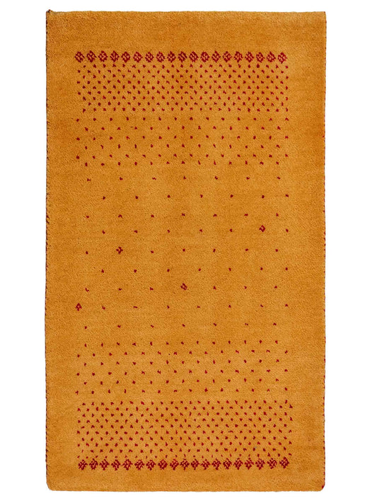 Handgeknüpfter Indo Loribaft Orientteppich von Khademi aus Wolle, gold. Geometrisches Nomaden-Design. Von Hand geknüpft in Indien. Größe: 93x61cm. Teppichnummer: KB4-1748. Verkauf durch Jupiter Intl.