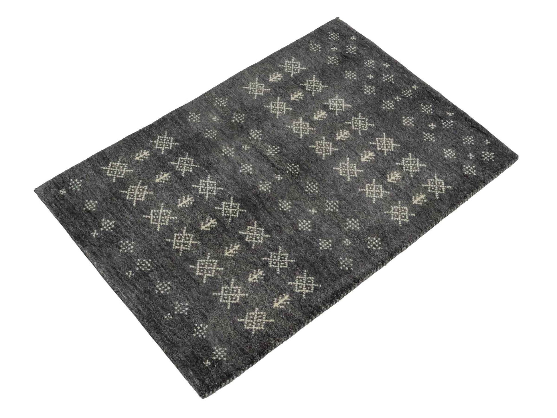 Handgeknüpfter Indo Loribaft Orientteppich von Khademi aus Wolle, grau. Geometrisches Nomaden-Design. Von Hand geknüpft in Indien. Größe: 93x62cm. Teppichnummer: KB4-1735. Verkauf durch Jupiter Intl.