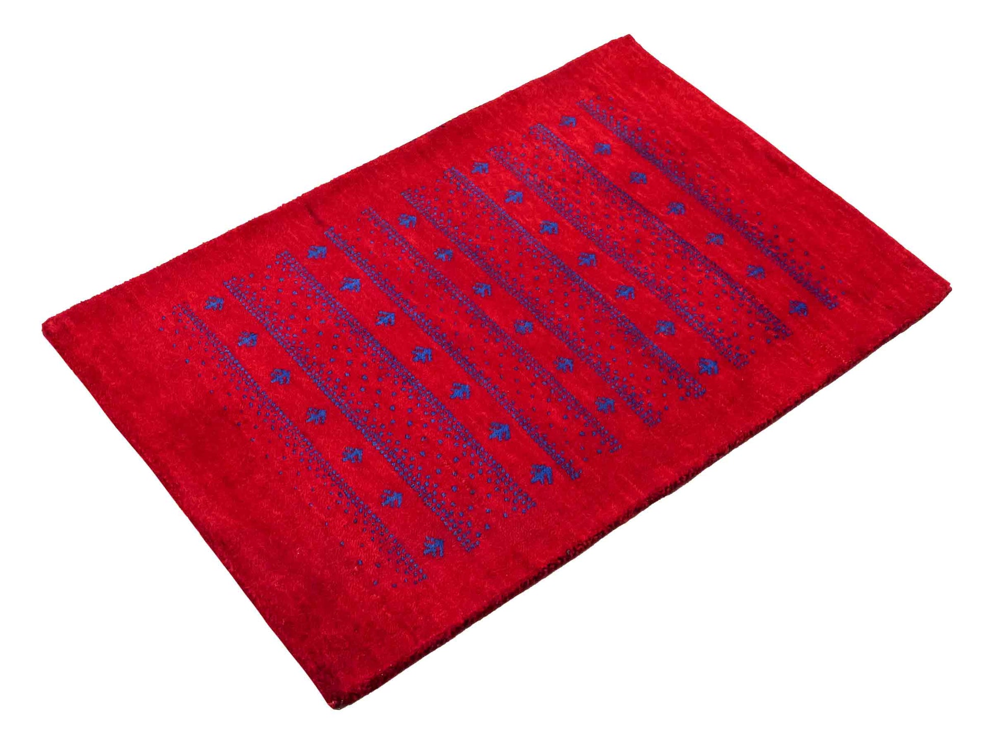 Handgeknüpfter Indo Loribaft Orientteppich von Khademi aus Wolle, rot. Geometrisches Nomaden-Design. Von Hand geknüpft in Indien. Größe: 93x62cm. Teppichnummer: KB4-1724. Verkauf durch Jupiter Intl.