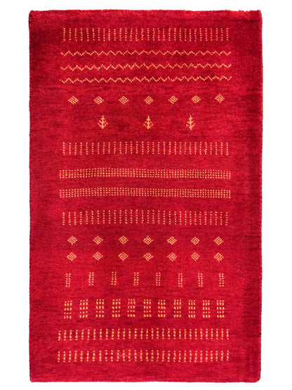 Handgeknüpfter Indo Loribaft Orientteppich von Khademi aus Wolle, rot. Geometrisches Nomaden-Design. Von Hand geknüpft in Indien. Größe: 93x62cm. Teppichnummer: KB4-1763. Verkauf durch Jupiter Intl.