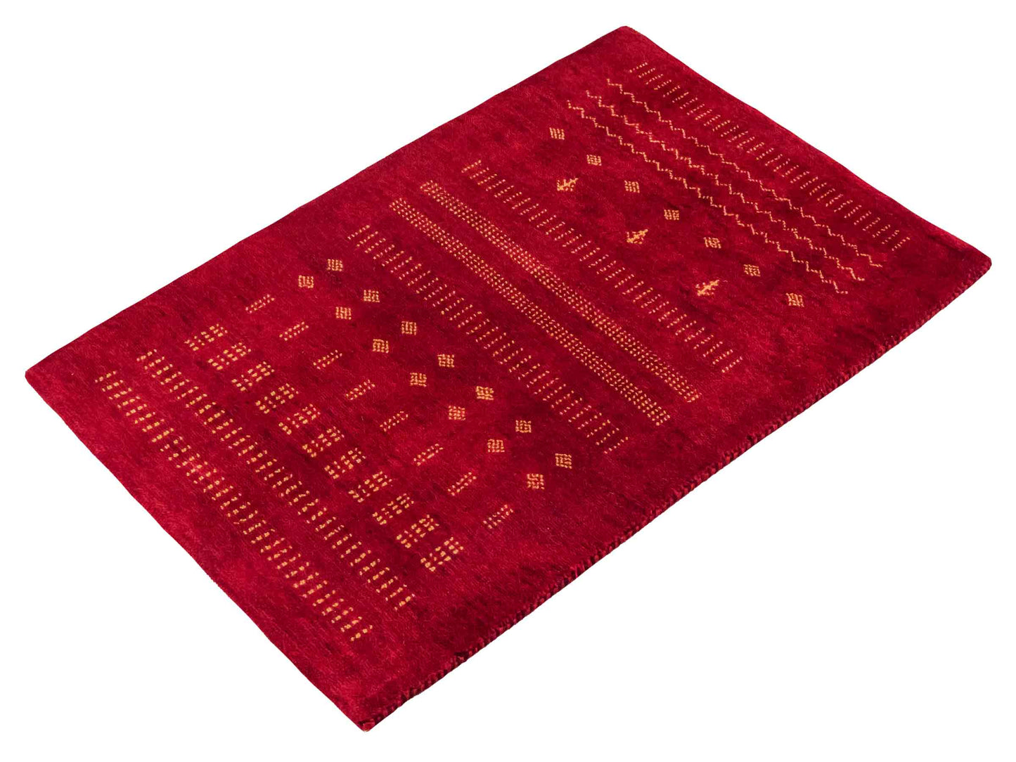 Handgeknüpfter Indo Loribaft Orientteppich von Khademi aus Wolle, rot. Geometrisches Nomaden-Design. Von Hand geknüpft in Indien. Größe: 93x62cm. Teppichnummer: KB4-1763. Verkauf durch Jupiter Intl.