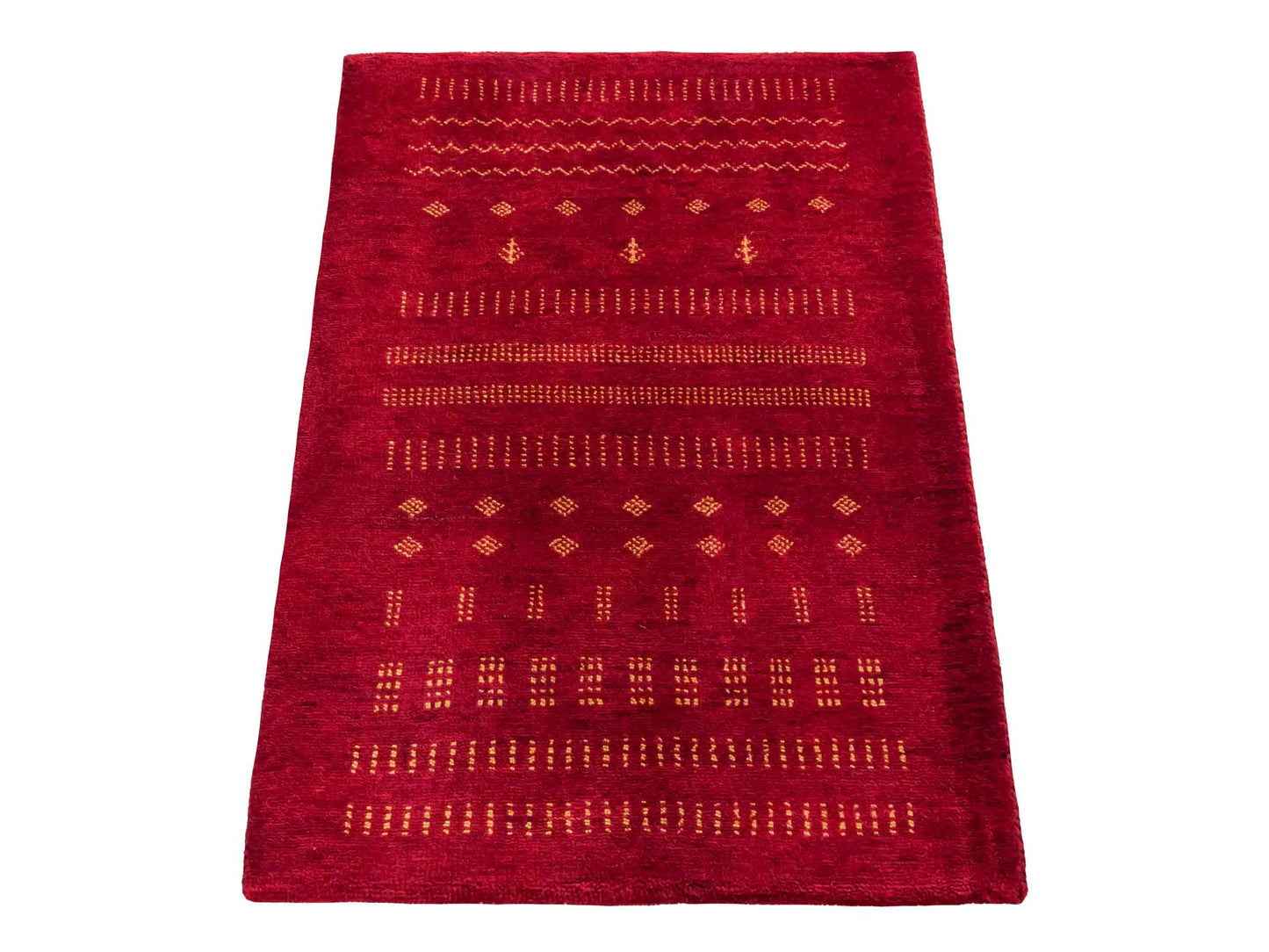 Handgeknüpfter Indo Loribaft Orientteppich von Khademi aus Wolle, rot. Geometrisches Nomaden-Design. Von Hand geknüpft in Indien. Größe: 93x62cm. Teppichnummer: KB4-1763. Verkauf durch Jupiter Intl.