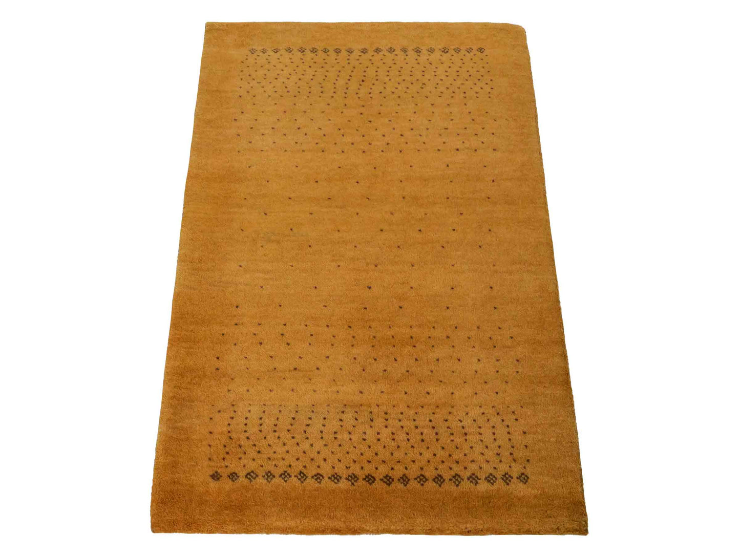 Handgeknüpfter Indo Loribaft Orientteppich von Khademi aus Wolle, gold. Geometrisches Nomaden-Design. Von Hand geknüpft in Indien. Größe: 93x63cm. Teppichnummer: KB4-1736. Verkauf durch Jupiter Intl.