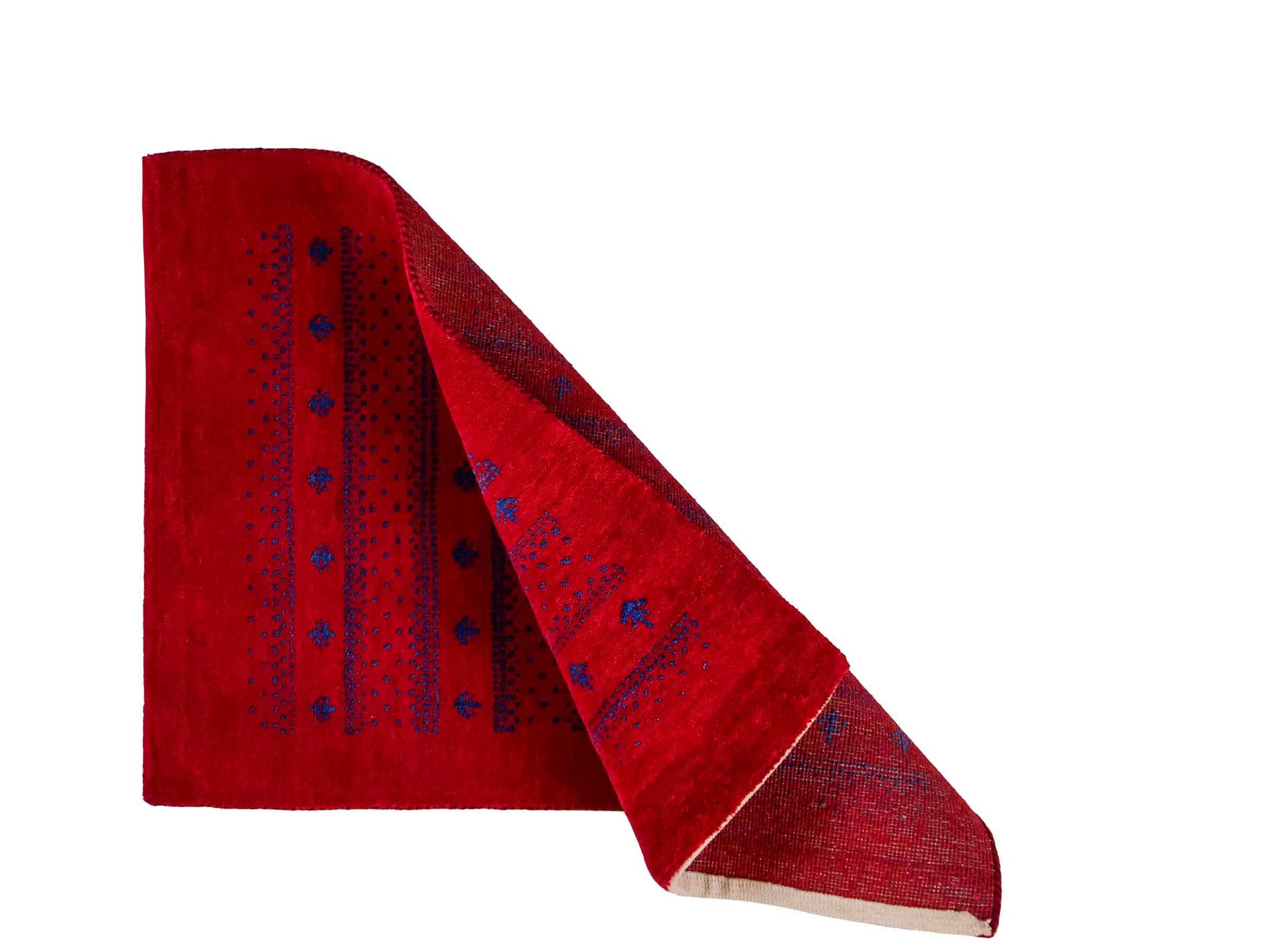 Handgeknüpfter Indo Loribaft Orientteppich von Khademi aus Wolle, rot. Geometrisches Nomaden-Design. Von Hand geknüpft in Indien. Größe: 93x63cm. Teppichnummer: KB4-1715. Verkauf durch Jupiter Intl.