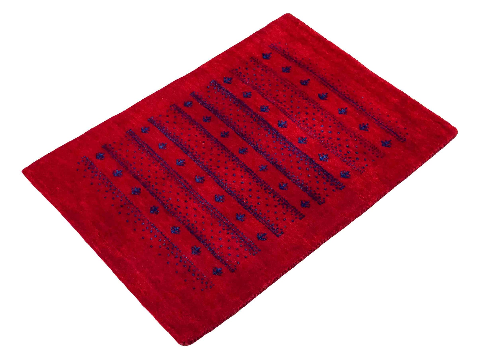 Handgeknüpfter Indo Loribaft Orientteppich von Khademi aus Wolle, rot. Geometrisches Nomaden-Design. Von Hand geknüpft in Indien. Größe: 93x63cm. Teppichnummer: KB4-1715. Verkauf durch Jupiter Intl.