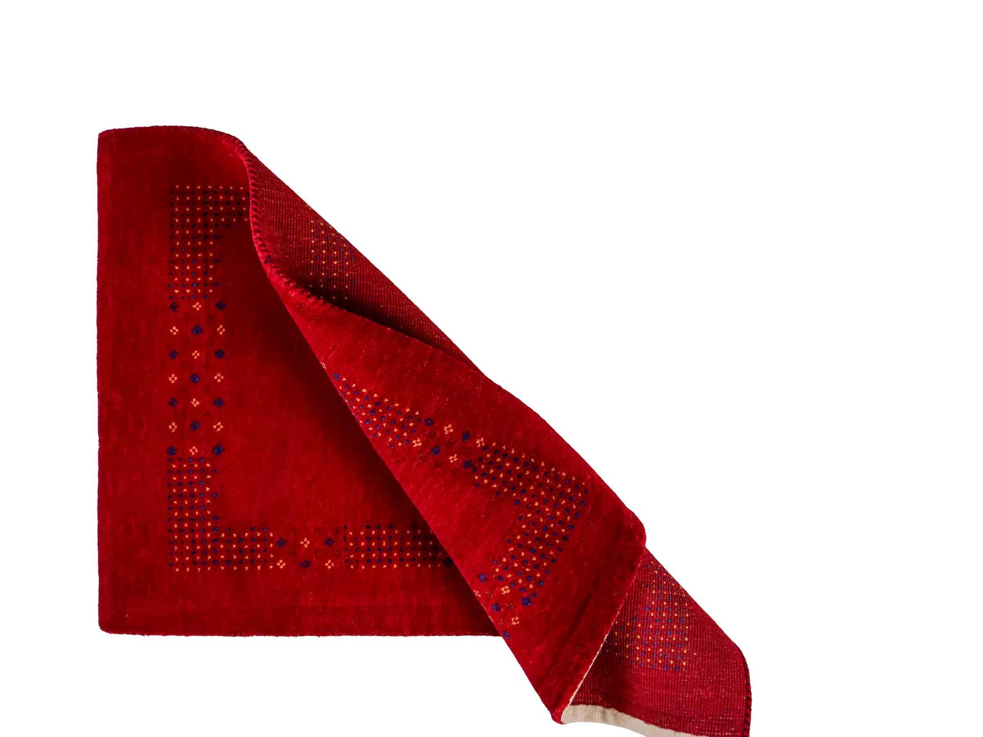 Handgeknüpfter Indo Loribaft Orientteppich von Khademi aus Wolle, rot. Geometrisches Nomaden-Design. Von Hand geknüpft in Indien. Größe: 93x63cm. Teppichnummer: KB4-1733. Verkauf durch Jupiter Intl.