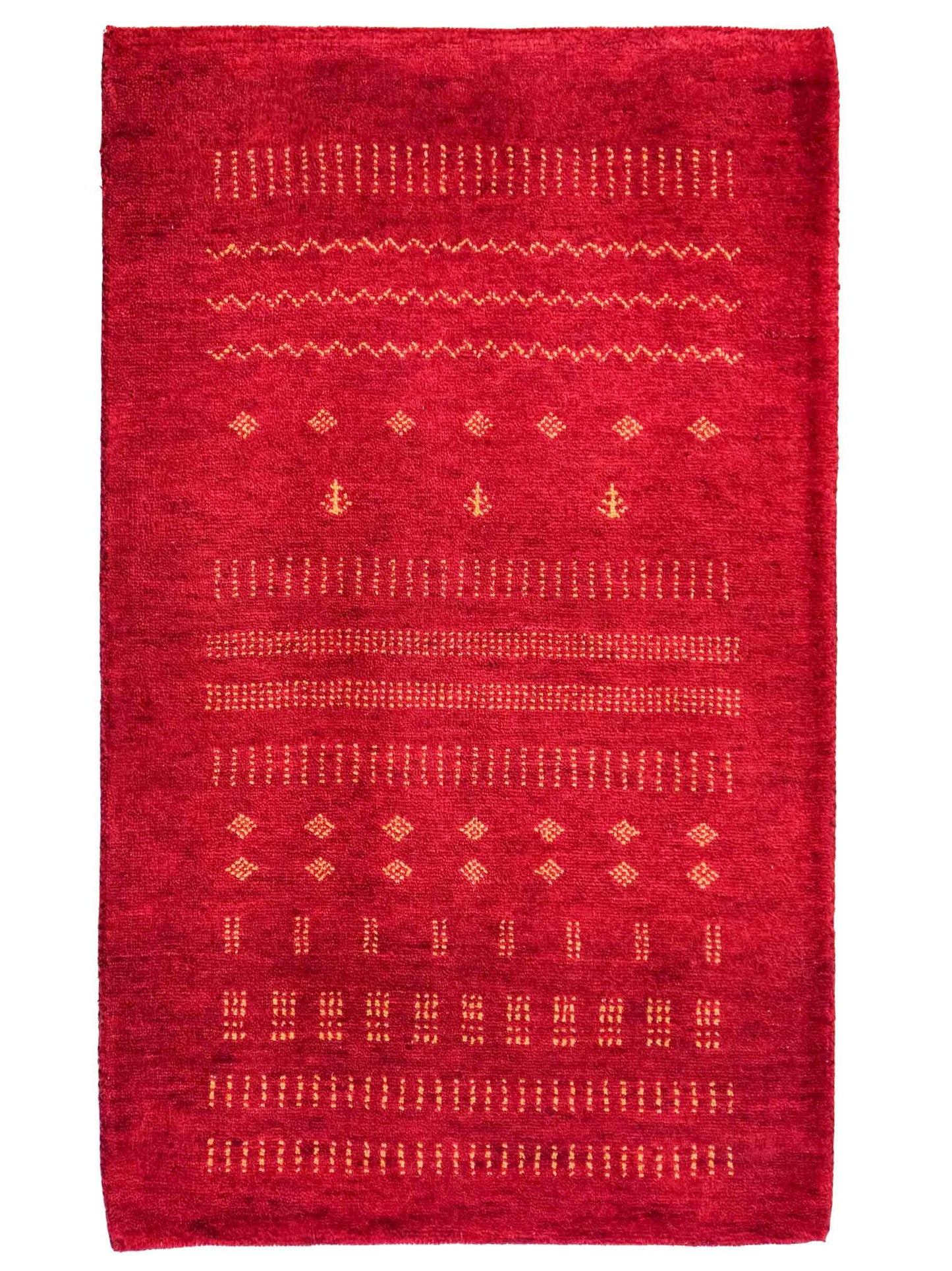 Handgeknüpfter Indo Loribaft Orientteppich von Khademi aus Wolle, rot. Geometrisches Nomaden-Design. Von Hand geknüpft in Indien. Größe: 93x65cm. Teppichnummer: KB4-1723. Verkauf durch Jupiter Intl.