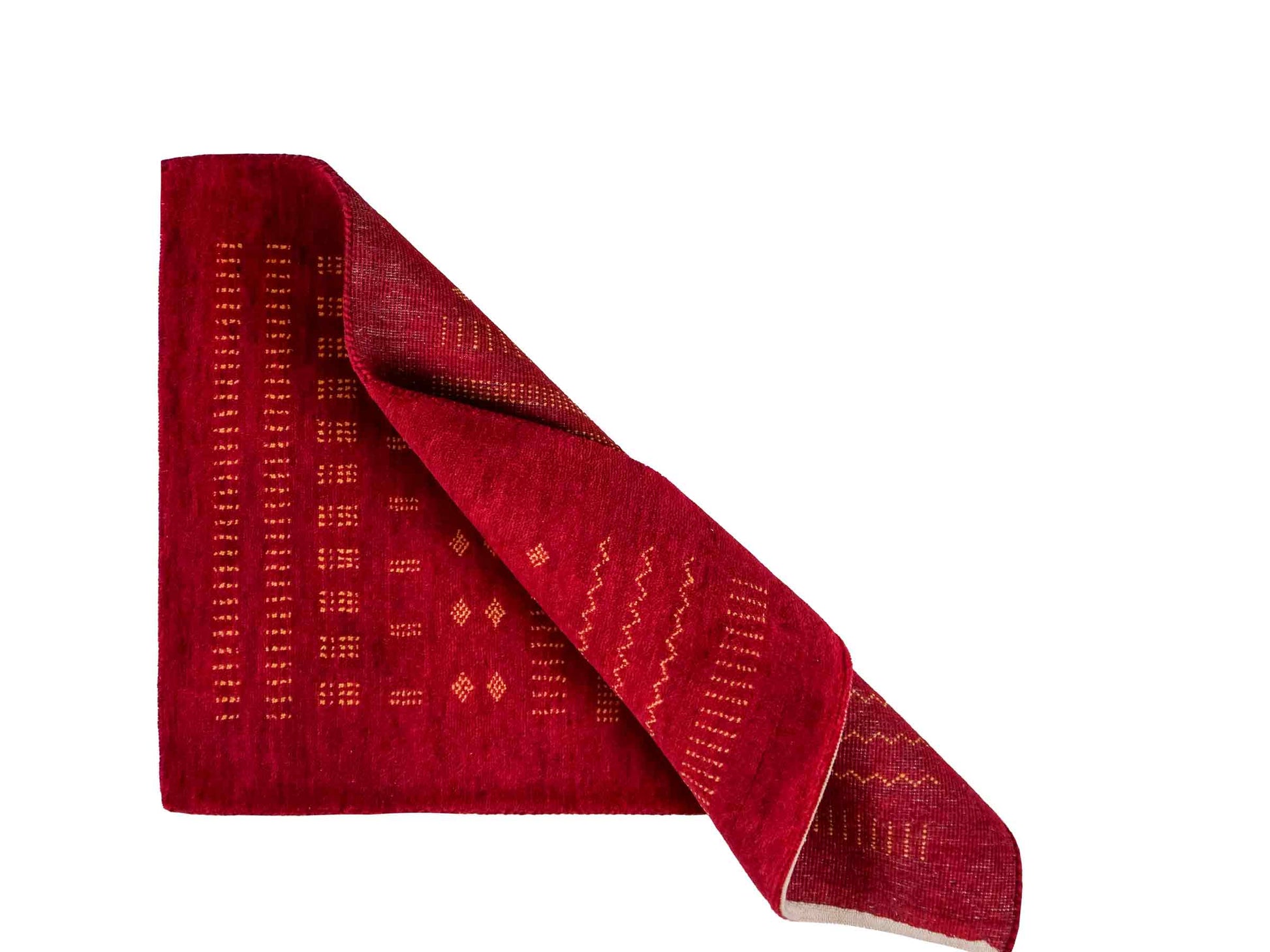Handgeknüpfter Indo Loribaft Orientteppich von Khademi aus Wolle, rot. Geometrisches Nomaden-Design. Von Hand geknüpft in Indien. Größe: 93x65cm. Teppichnummer: KB4-1723. Verkauf durch Jupiter Intl.