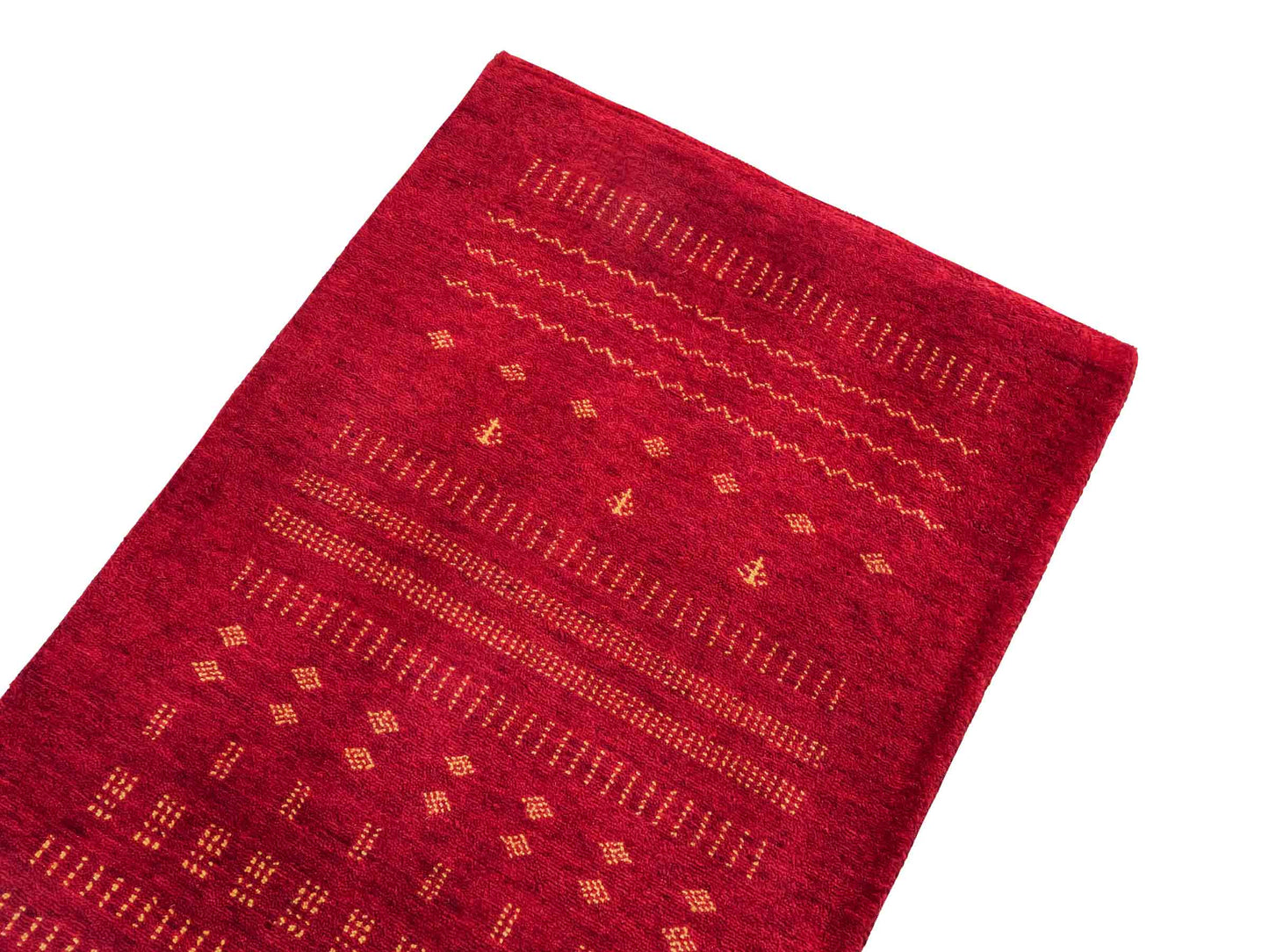 Handgeknüpfter Indo Loribaft Orientteppich von Khademi aus Wolle, rot. Geometrisches Nomaden-Design. Von Hand geknüpft in Indien. Größe: 93x65cm. Teppichnummer: KB4-1723. Verkauf durch Jupiter Intl.