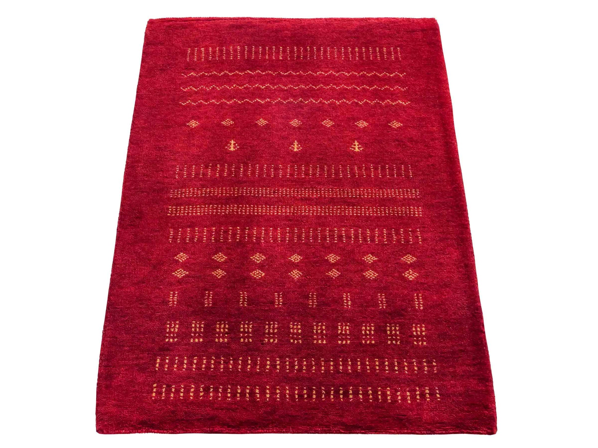 Handgeknüpfter Indo Loribaft Orientteppich von Khademi aus Wolle, rot. Geometrisches Nomaden-Design. Von Hand geknüpft in Indien. Größe: 93x65cm. Teppichnummer: KB4-1723. Verkauf durch Jupiter Intl.
