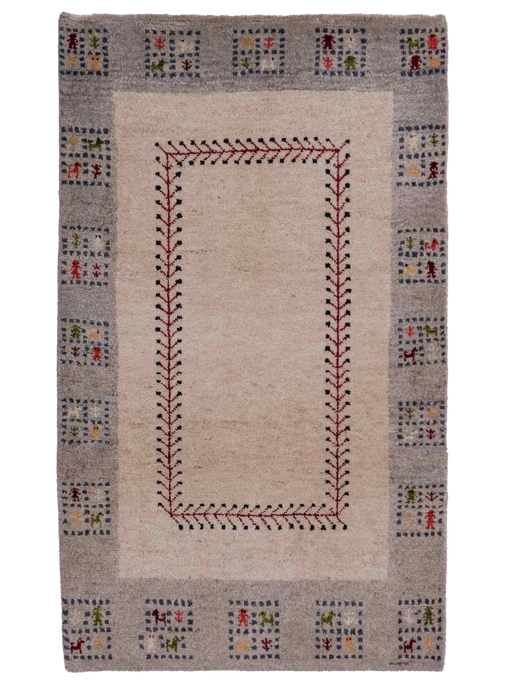 Handgeknüpfter Indo Loribaft Orientteppich von Khademi aus Wolle, cremeweiß, grau. Geometrisches Nomaden-Design. Von Hand geknüpft in Indien. Größe: 94x59cm. Teppichnummer: KB4-1739. Verkauf durch Jupiter Intl.