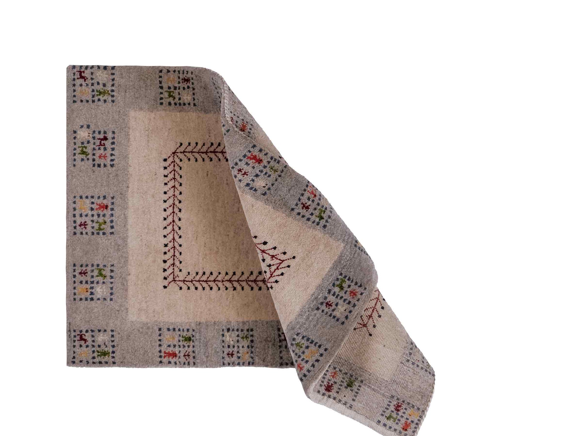 Handgeknüpfter Indo Loribaft Orientteppich von Khademi aus Wolle, cremeweiß, grau. Geometrisches Nomaden-Design. Von Hand geknüpft in Indien. Größe: 94x59cm. Teppichnummer: KB4-1739. Verkauf durch Jupiter Intl.