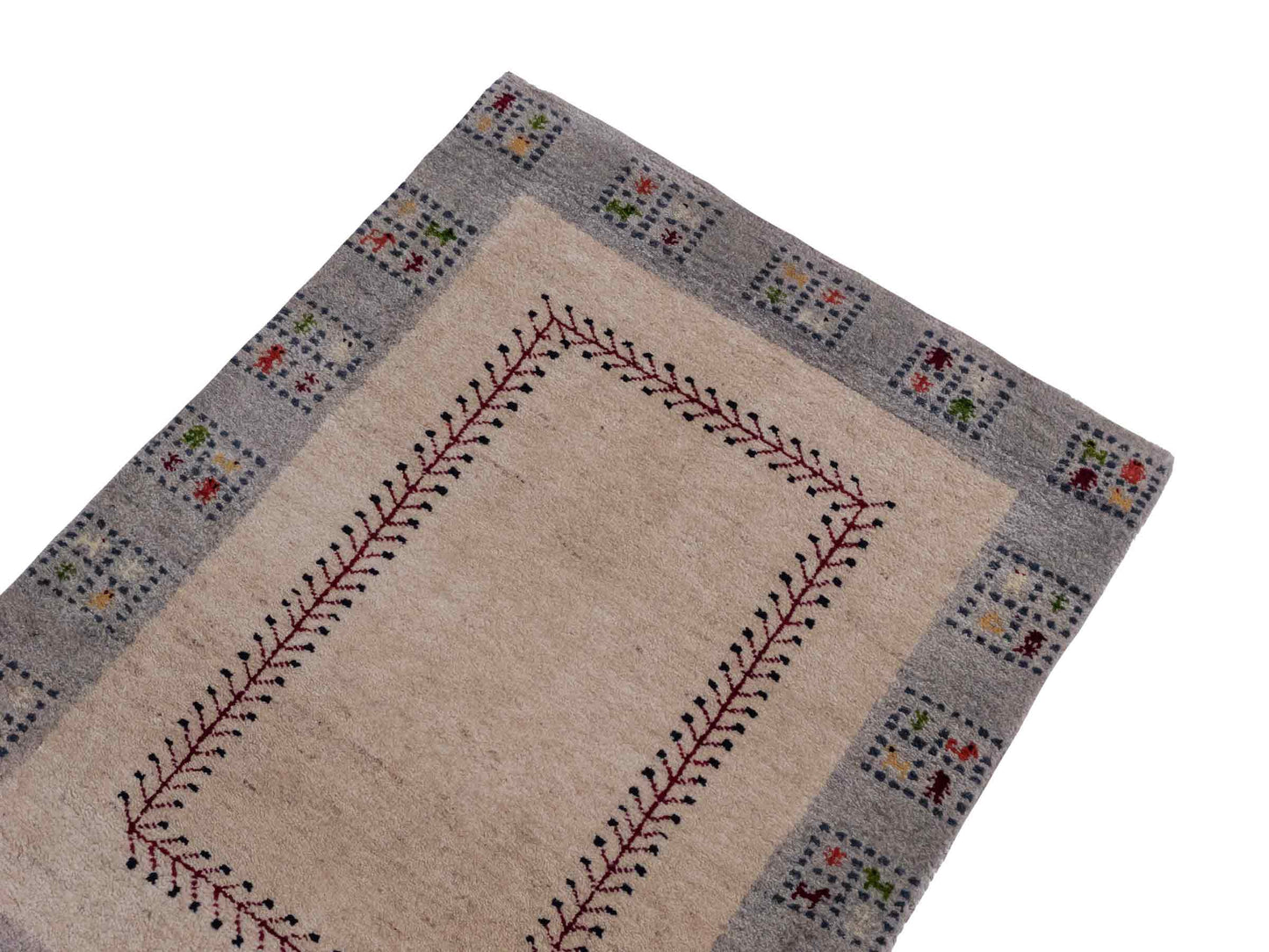 Handgeknüpfter Indo Loribaft Orientteppich von Khademi aus Wolle, cremeweiß, grau. Geometrisches Nomaden-Design. Von Hand geknüpft in Indien. Größe: 94x59cm. Teppichnummer: KB4-1739. Verkauf durch Jupiter Intl.