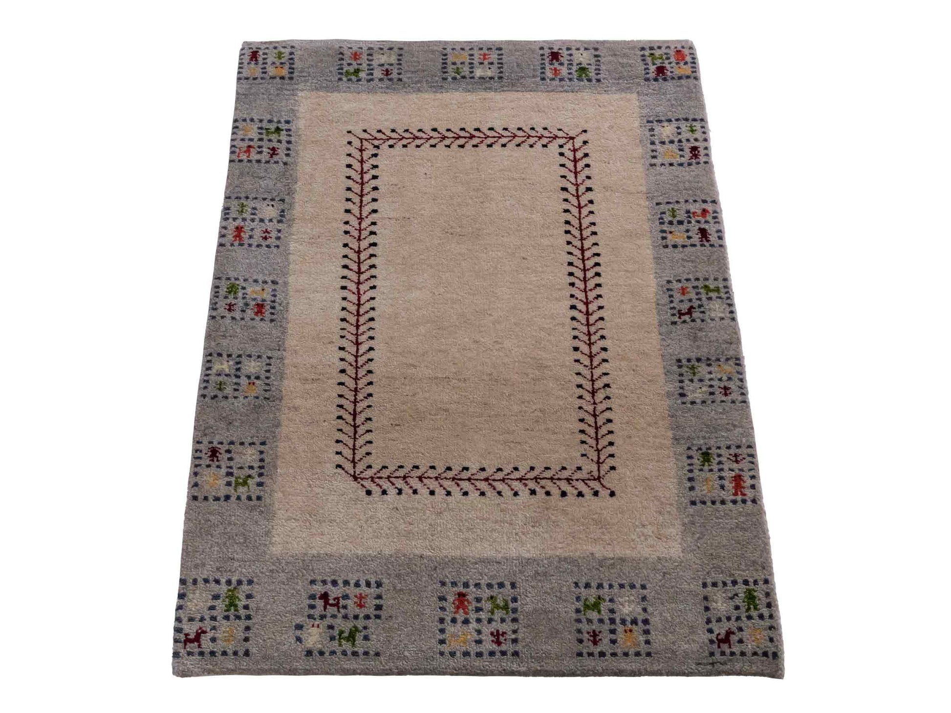 Handgeknüpfter Indo Loribaft Orientteppich von Khademi aus Wolle, cremeweiß, grau. Geometrisches Nomaden-Design. Von Hand geknüpft in Indien. Größe: 94x59cm. Teppichnummer: KB4-1739. Verkauf durch Jupiter Intl.