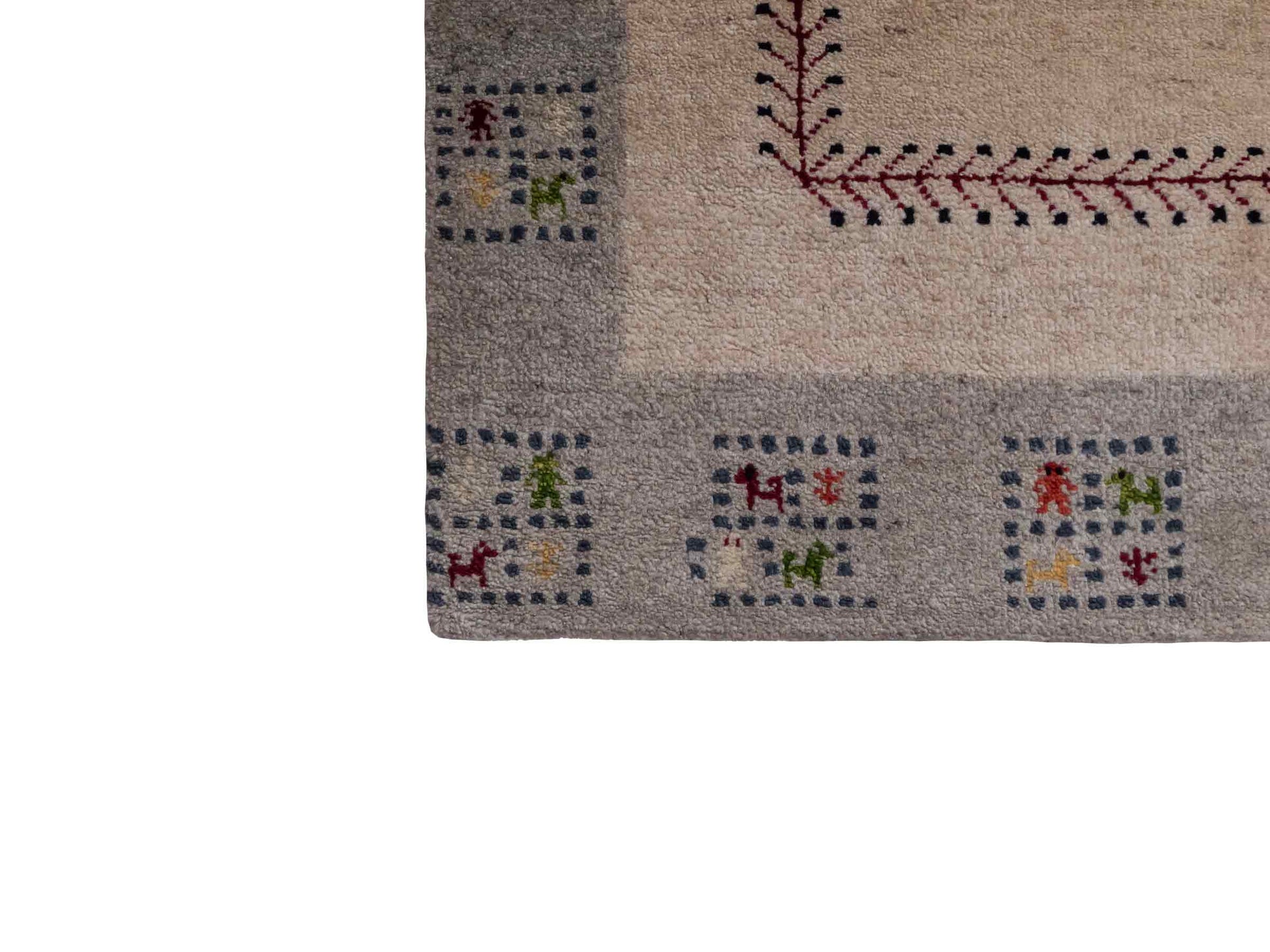 Handgeknüpfter Indo Loribaft Orientteppich von Khademi aus Wolle, cremeweiß, grau. Geometrisches Nomaden-Design. Von Hand geknüpft in Indien. Größe: 94x59cm. Teppichnummer: KB4-1739. Verkauf durch Jupiter Intl.