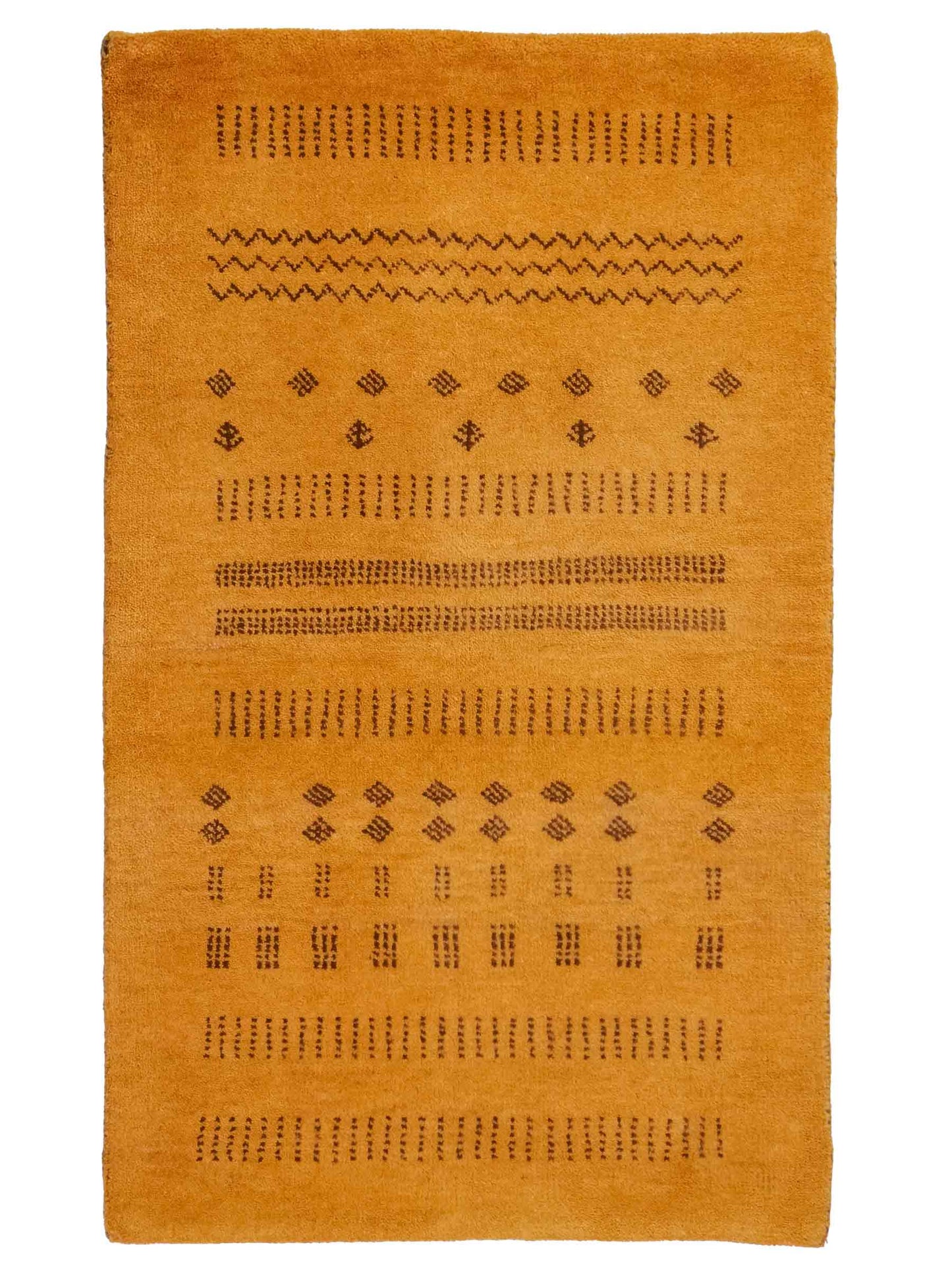 Handgeknüpfter Indo Loribaft Orientteppich von Khademi aus Wolle, gold. Geometrisches Nomaden-Design. Von Hand geknüpft in Indien. Größe: 94x60cm. Teppichnummer: KB4-1719. Verkauf durch Jupiter Intl.