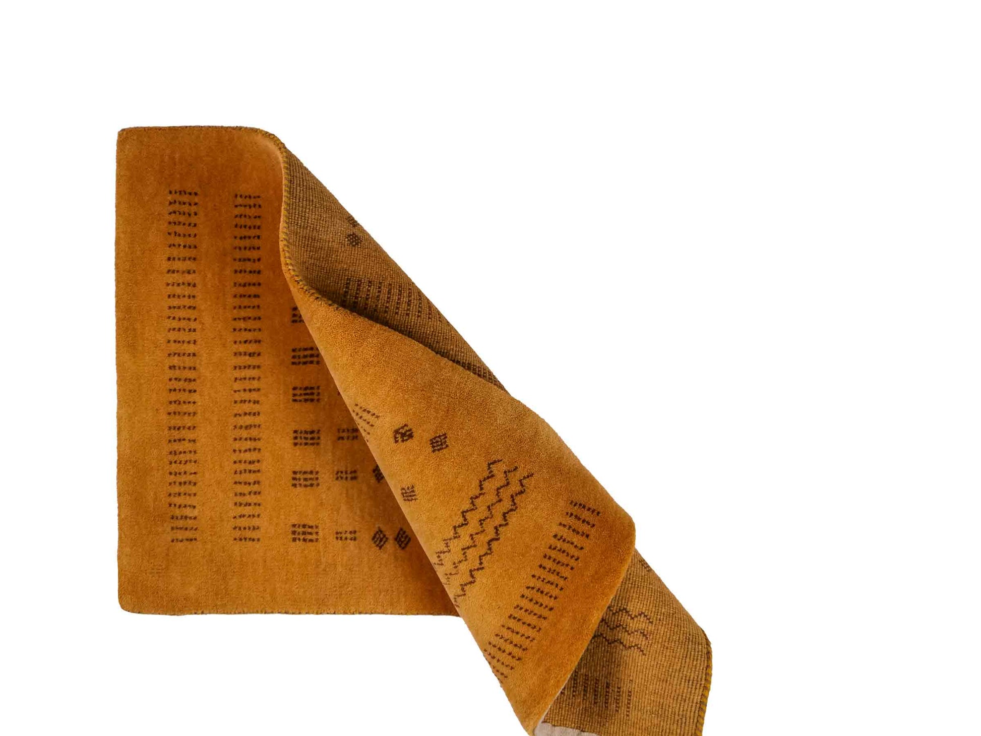 Handgeknüpfter Indo Loribaft Orientteppich von Khademi aus Wolle, gold. Geometrisches Nomaden-Design. Von Hand geknüpft in Indien. Größe: 94x60cm. Teppichnummer: KB4-1719. Verkauf durch Jupiter Intl.