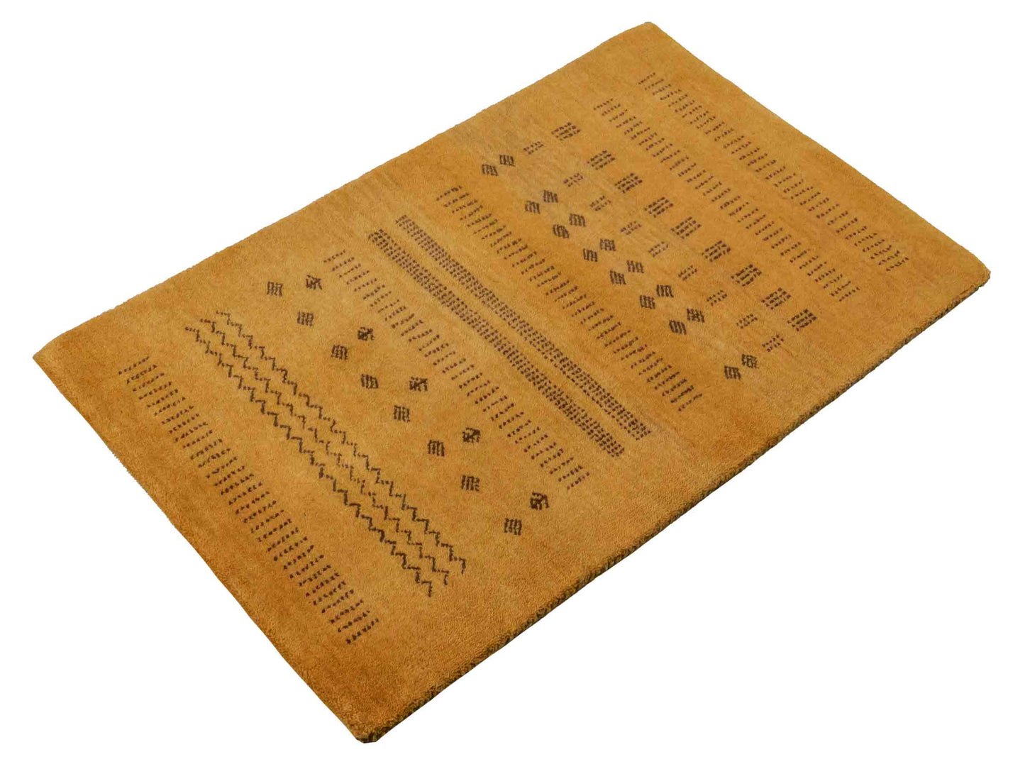 Handgeknüpfter Indo Loribaft Orientteppich von Khademi aus Wolle, gold. Geometrisches Nomaden-Design. Von Hand geknüpft in Indien. Größe: 94x60cm. Teppichnummer: KB4-1719. Verkauf durch Jupiter Intl.