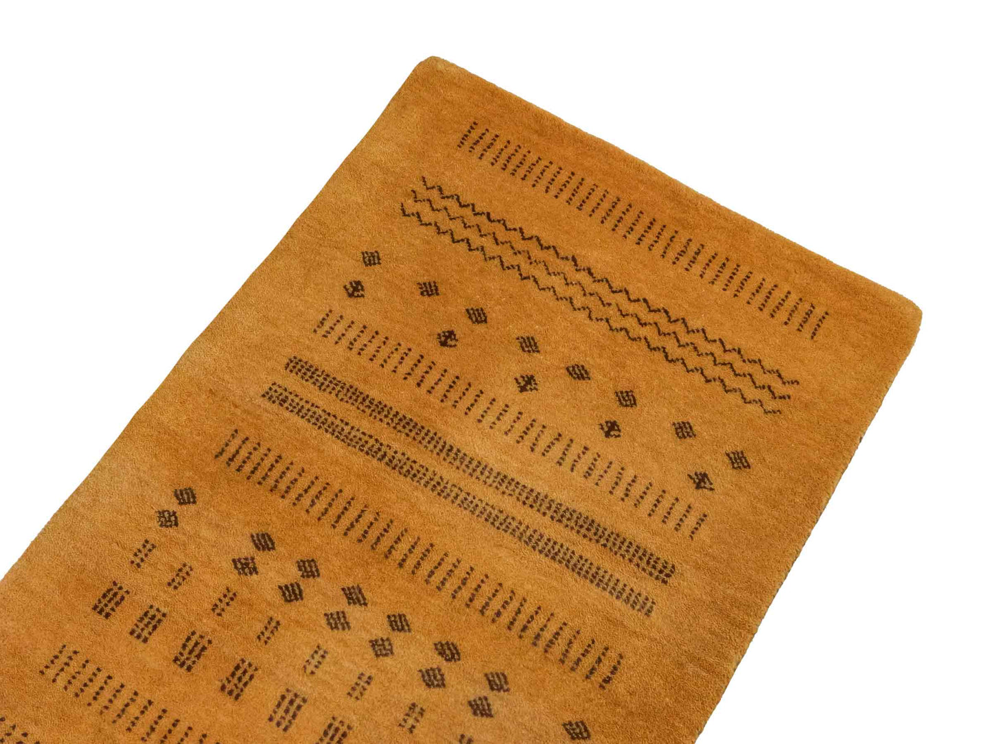 Handgeknüpfter Indo Loribaft Orientteppich von Khademi aus Wolle, gold. Geometrisches Nomaden-Design. Von Hand geknüpft in Indien. Größe: 94x60cm. Teppichnummer: KB4-1719. Verkauf durch Jupiter Intl.