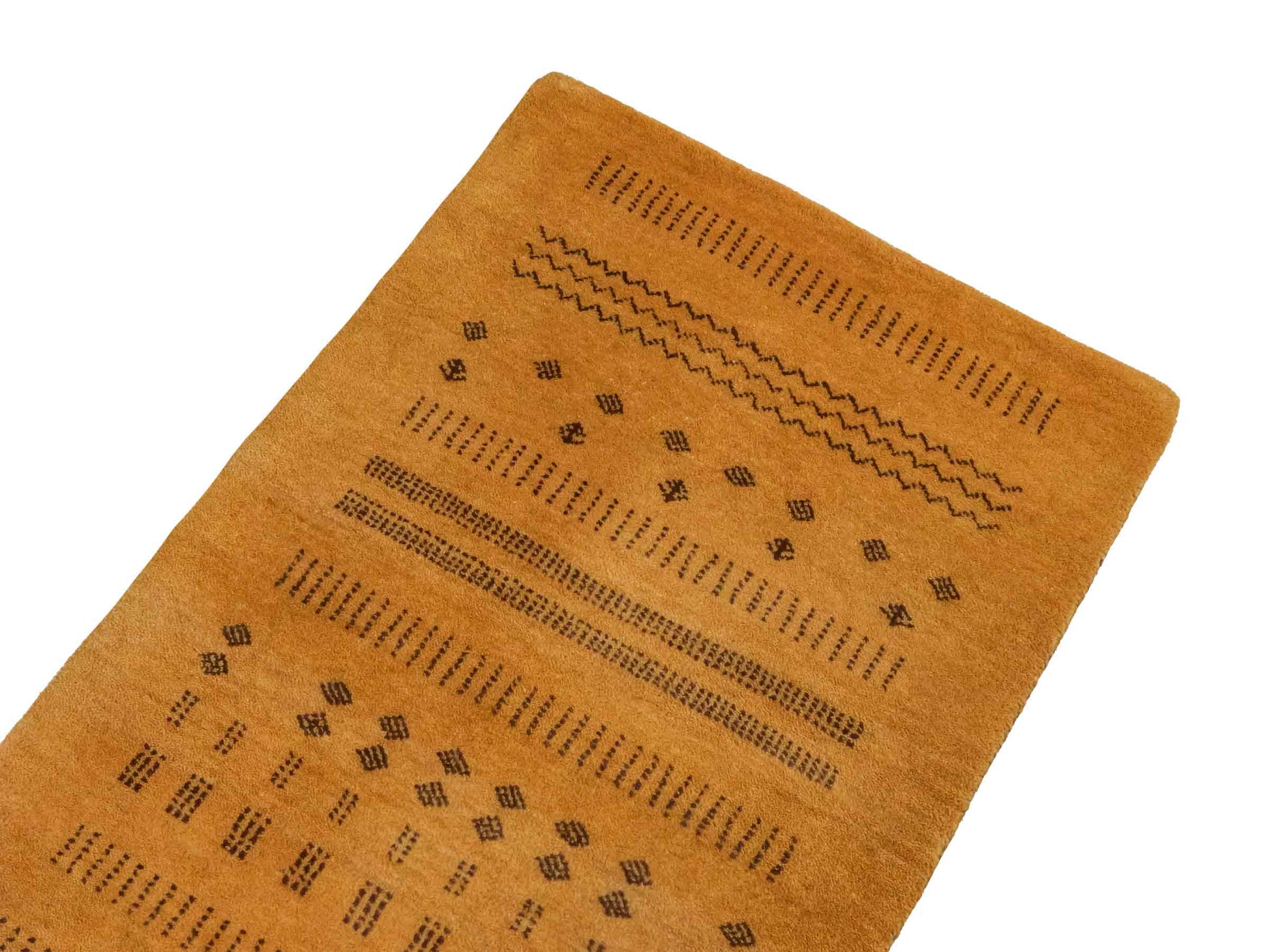 Handgeknüpfter Indo Loribaft Orientteppich von Khademi aus Wolle, gold. Geometrisches Nomaden-Design. Von Hand geknüpft in Indien. Größe: 94x60cm. Teppichnummer: KB4-1719. Verkauf durch Jupiter Intl.