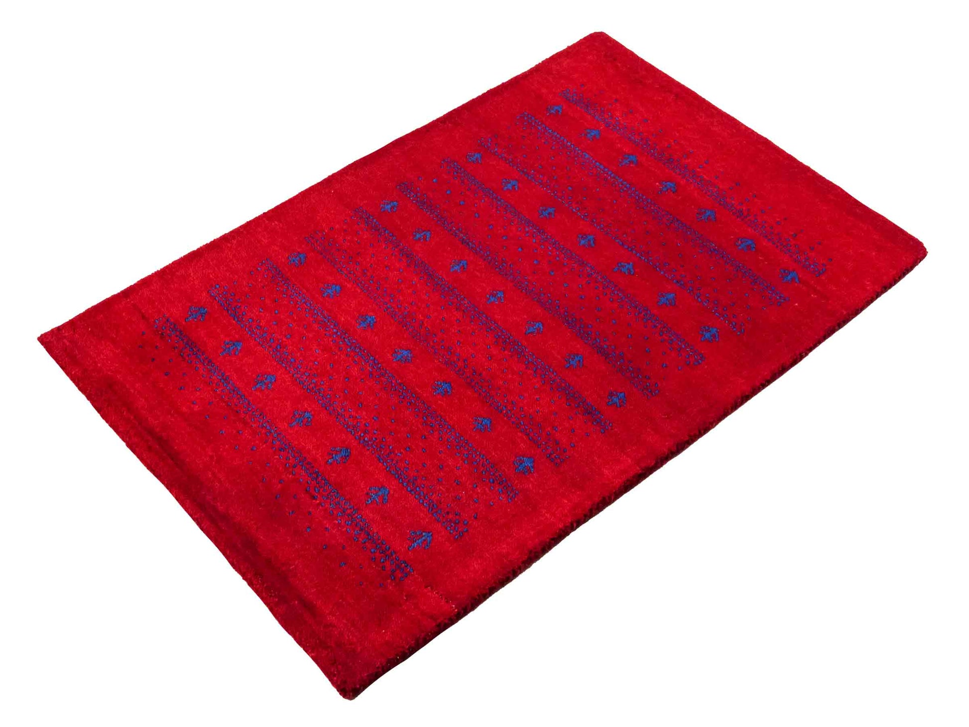 Handgeknüpfter Indo Loribaft Orientteppich von Khademi aus Wolle, rot. Geometrisches Nomaden-Design. Von Hand geknüpft in Indien. Größe: 94x63cm. Teppichnummer: KB4-1732. Verkauf durch Jupiter Intl.