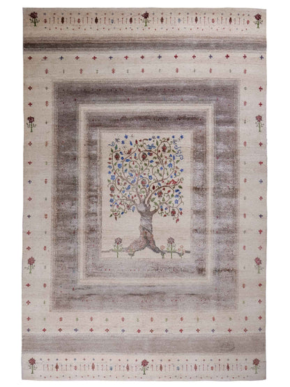 Handgeknüpfter Indo Loribaft Orientteppich von Khademi aus Wolle mit Bambusseide, cremeweiß. Geometrisches Nomaden-Design mit Lebensbaum. Von Hand geknüpft in Indien. Größe: 249x170cm. Teppichnummer: KB4-1713. Verkauf durch Jupiter Intl.