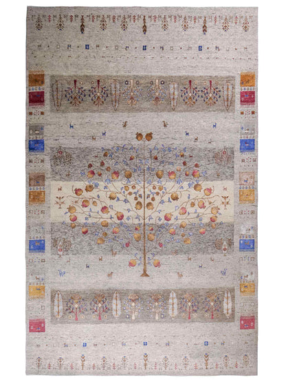 Handgeknüpfter Indo Loribaft Orientteppich von Khademi aus Wolle mit Bambusseide, grau, mehrfarbig. Geometrisches Nomaden-Design mit Lebensbaum. Von Hand geknüpft in Indien. Größe: 304x202cm. Teppichnummer: KB4-1703. Verkauf durch Jupiter Intl.