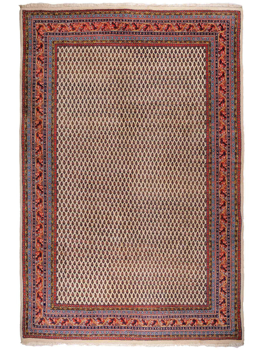 Feiner, handgeknüpfter indischer Sarough Mir Wollteppich von Khademi. Größe: 297 x 202 cm. Farbe: Cremeweiß. Verkauf durch JUPITER Intl.