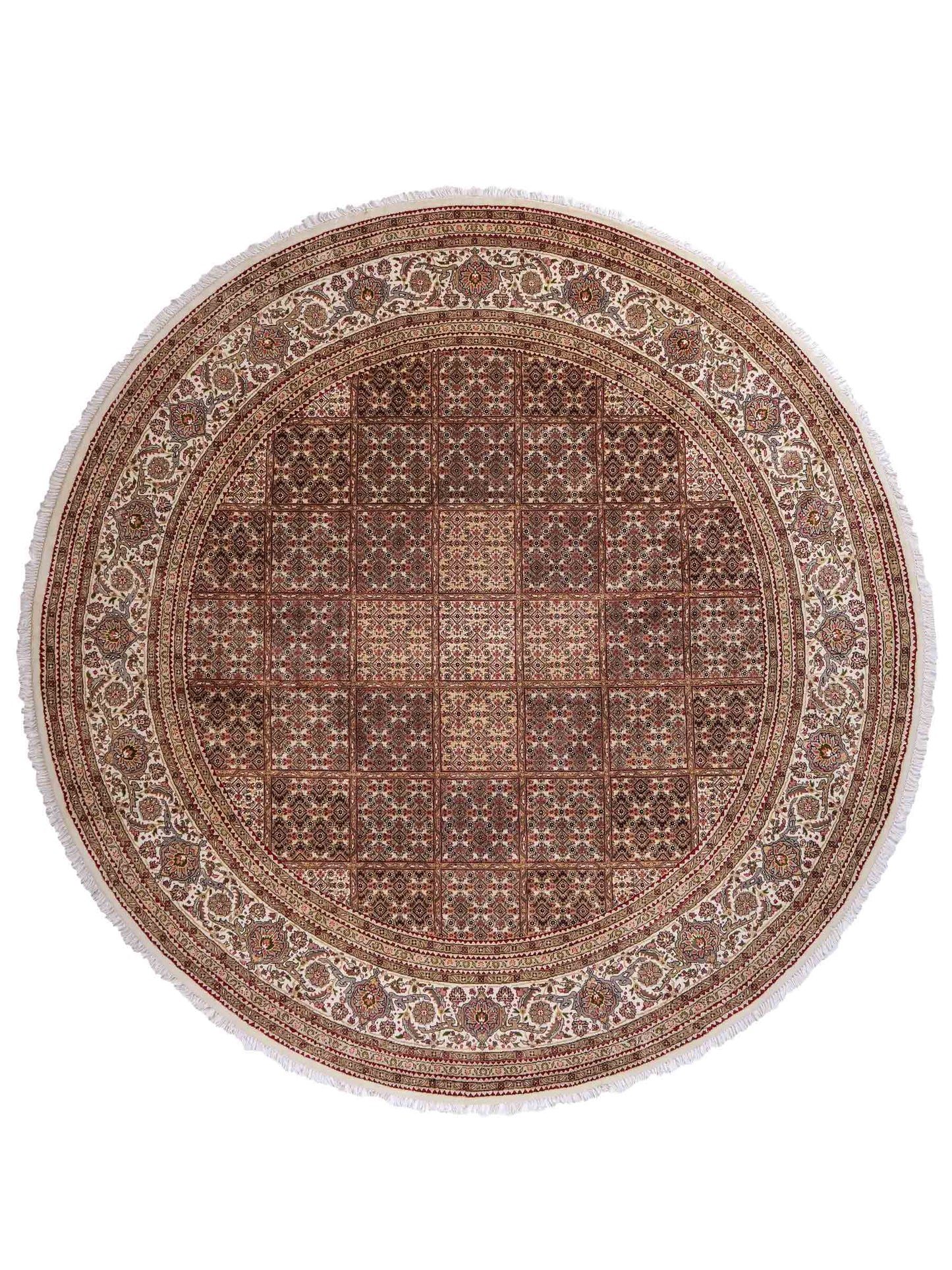 Sehr feiner, runder, handgeknüpfter Khademi Indo Täbriz Mahi aus Wolle, beige, braun und creme. 256x246 cm. Vertrieb durch Jupiter Intl.