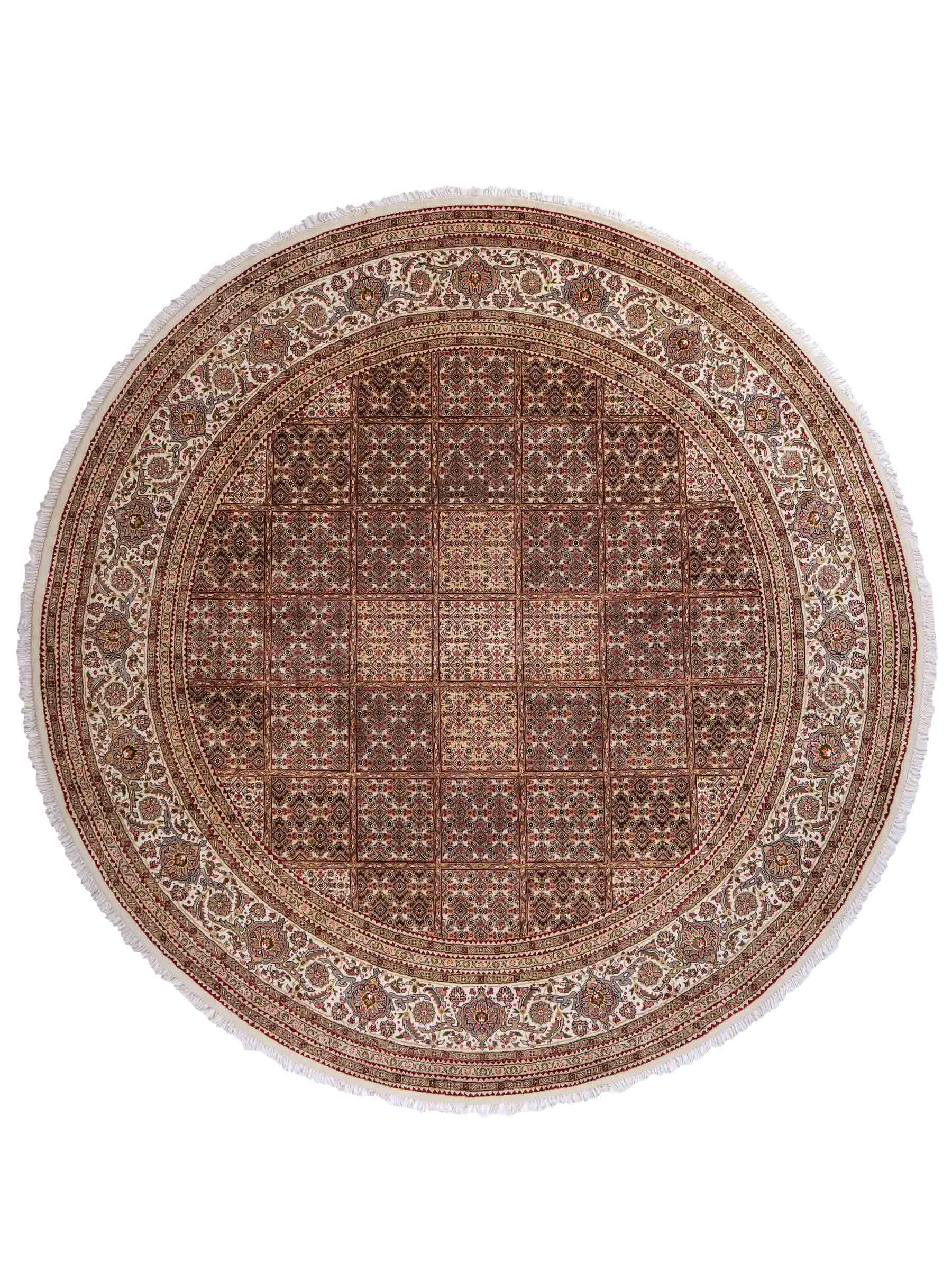 Sehr feiner, runder, handgeknüpfter Khademi Indo Täbriz Mahi aus Wolle, beige, braun und creme. 256x246 cm. Vertrieb durch Jupiter Intl.
