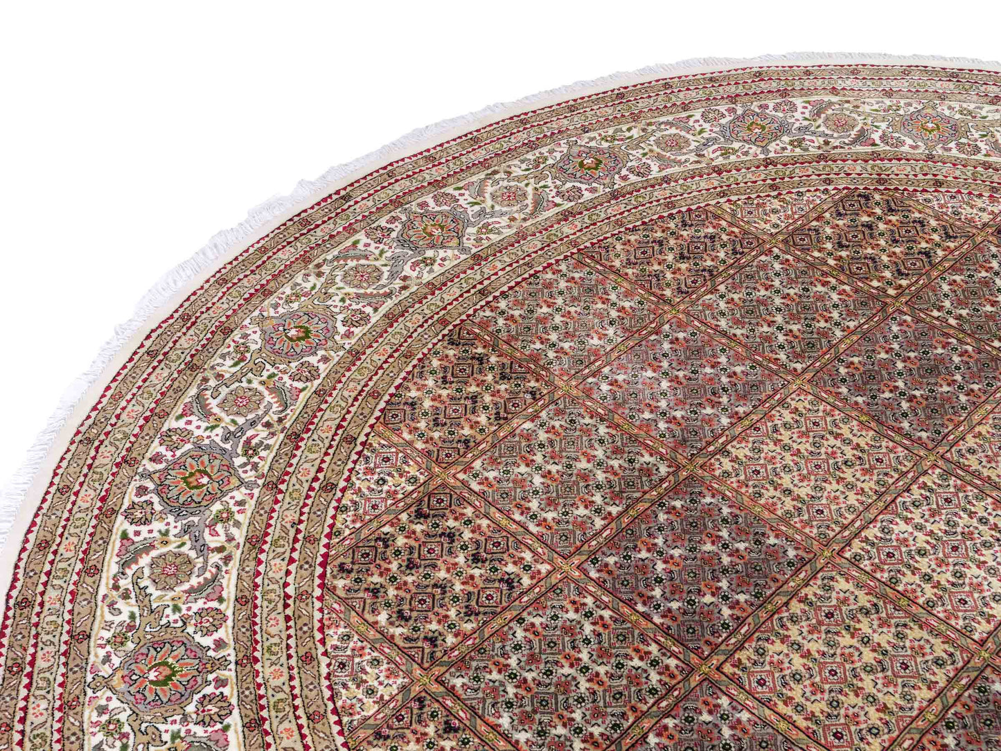 Sehr feiner, runder, handgeknüpfter Khademi Indo Täbriz Mahi aus Wolle, beige, braun und creme. 256x246 cm. Vertrieb durch Jupiter Intl.