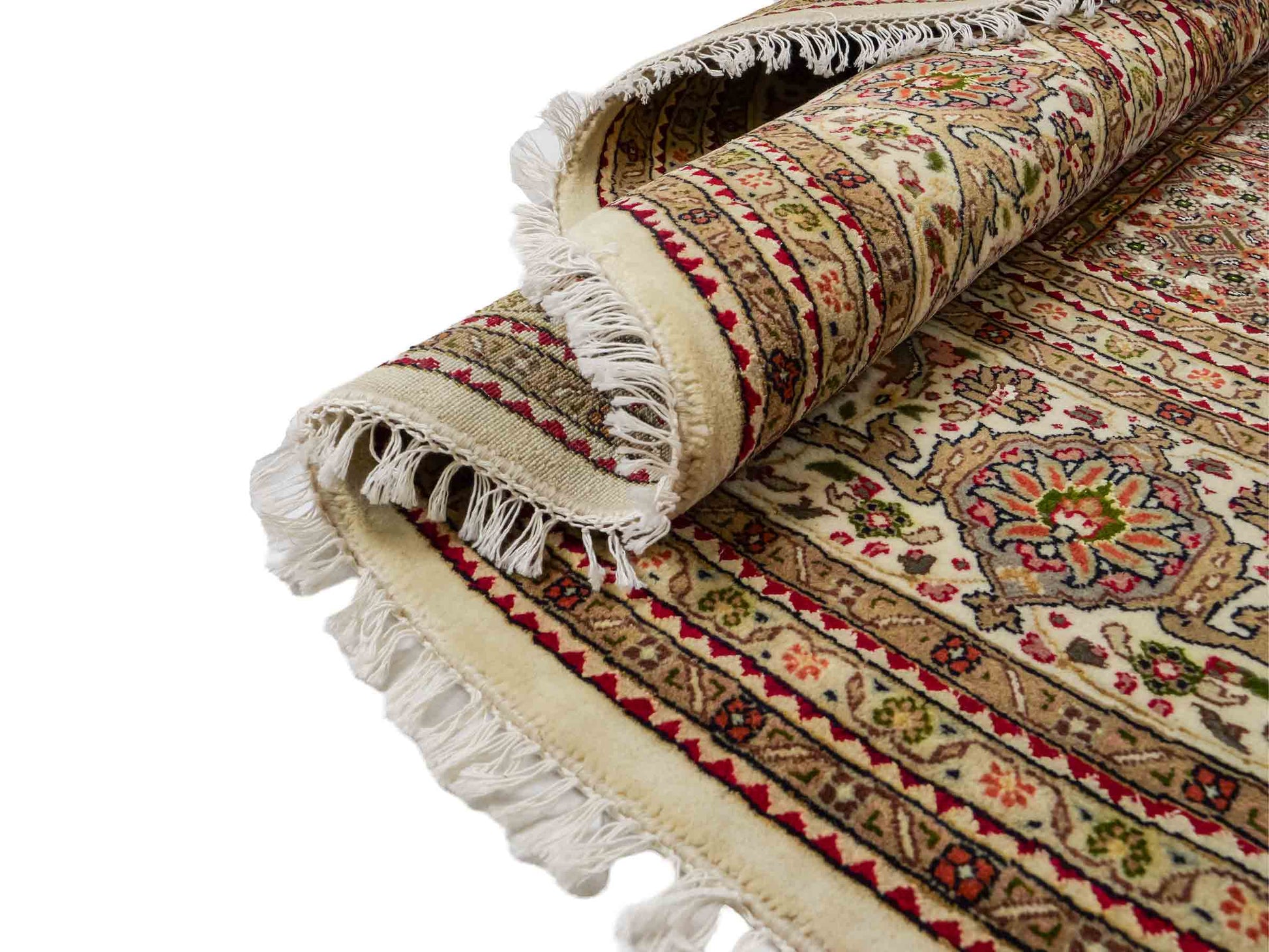 Sehr feiner, runder, handgeknüpfter Khademi Indo Täbriz Mahi aus Wolle, beige, braun und creme. 256x246 cm. Vertrieb durch Jupiter Intl.