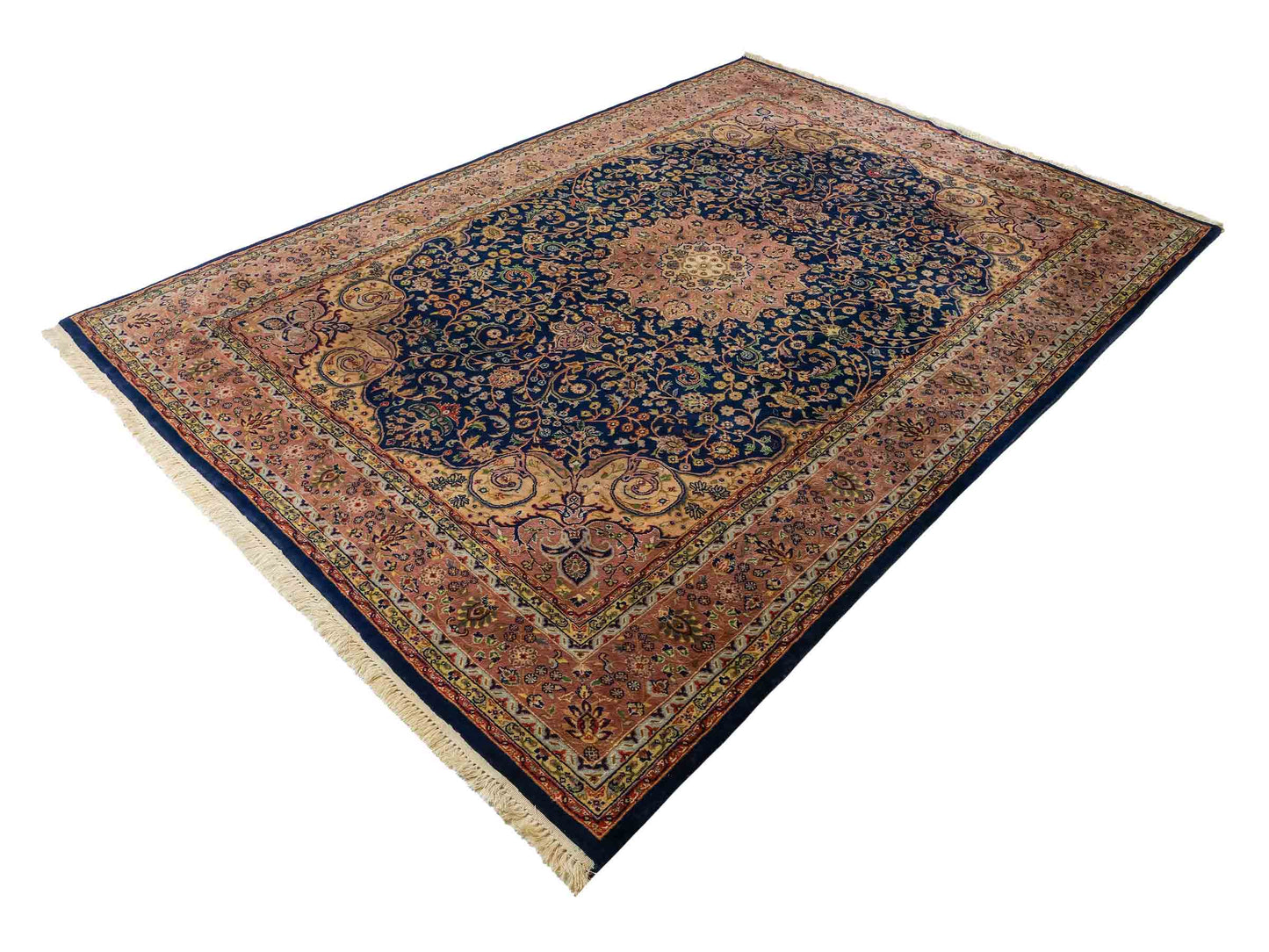Feiner, handgeknüpfter Indo Täbriz Orientteppich aus Wolle von Khademi. Größe: 290 x 200 cm. Farbe: Blau, beige, braun. Verkauf durch JUPITER Intl.