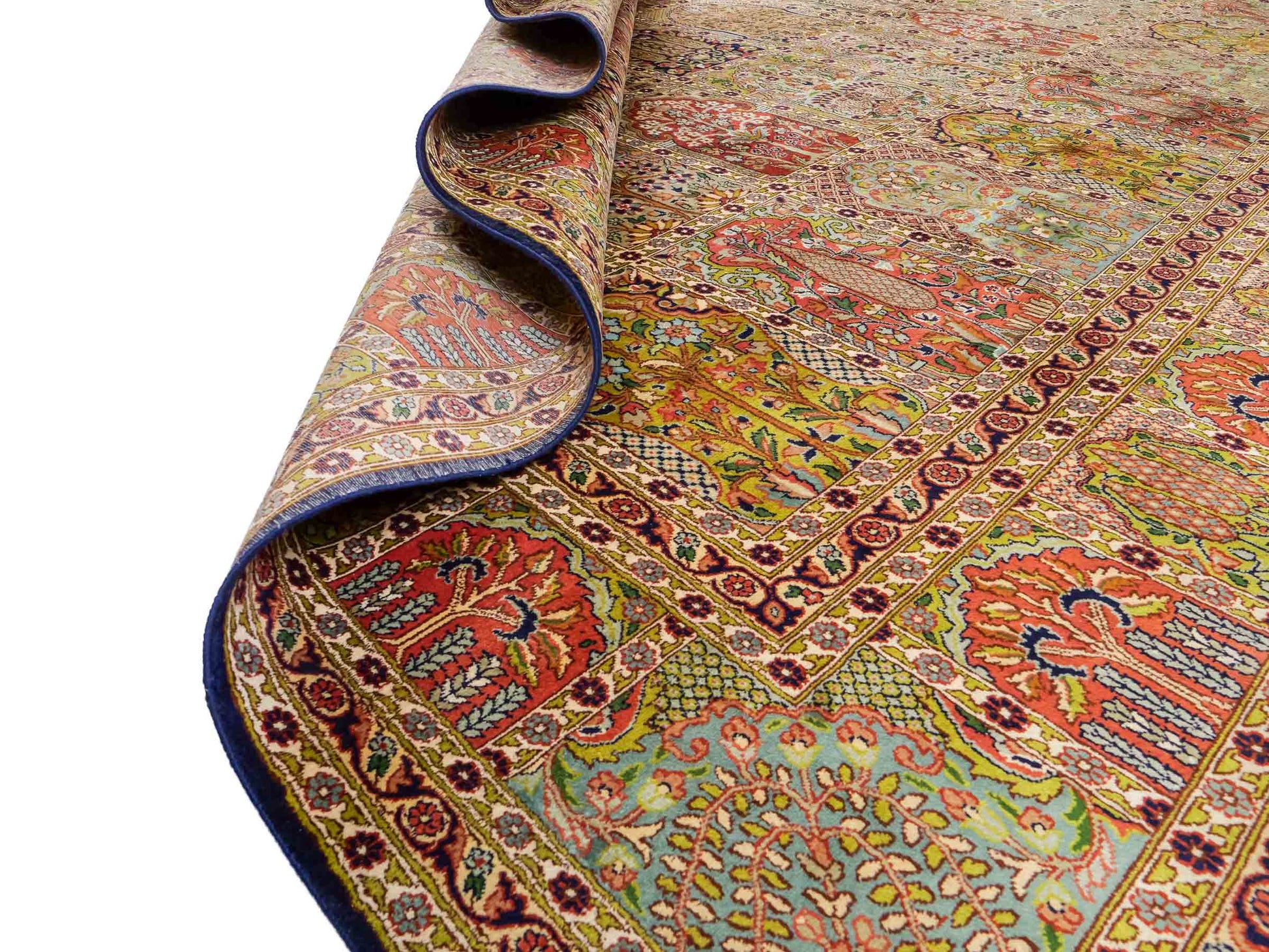 Sehr feiner, handgeknüpfter Kaschmir Seide Orientteppich von Khademi, blau, grün, multicolor. 311x303 cm. Verkauf durch Jupiter Intl.