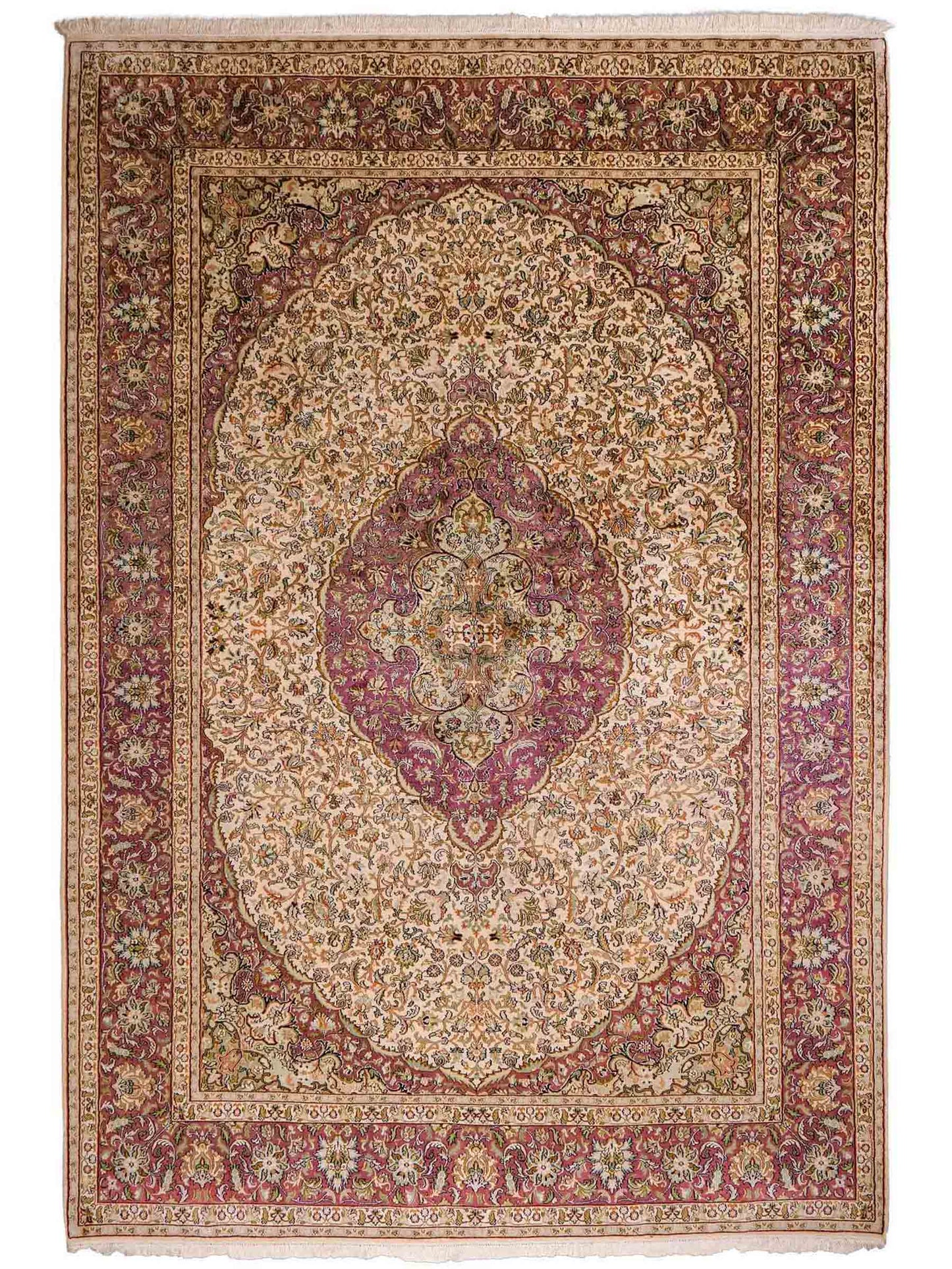 Sehr feiner, handgeknüpfter Kaschmir Seide Orientteppich von Khademi, creme, lila. 279x188 cm. Verkauf durch Jupiter Intl.
