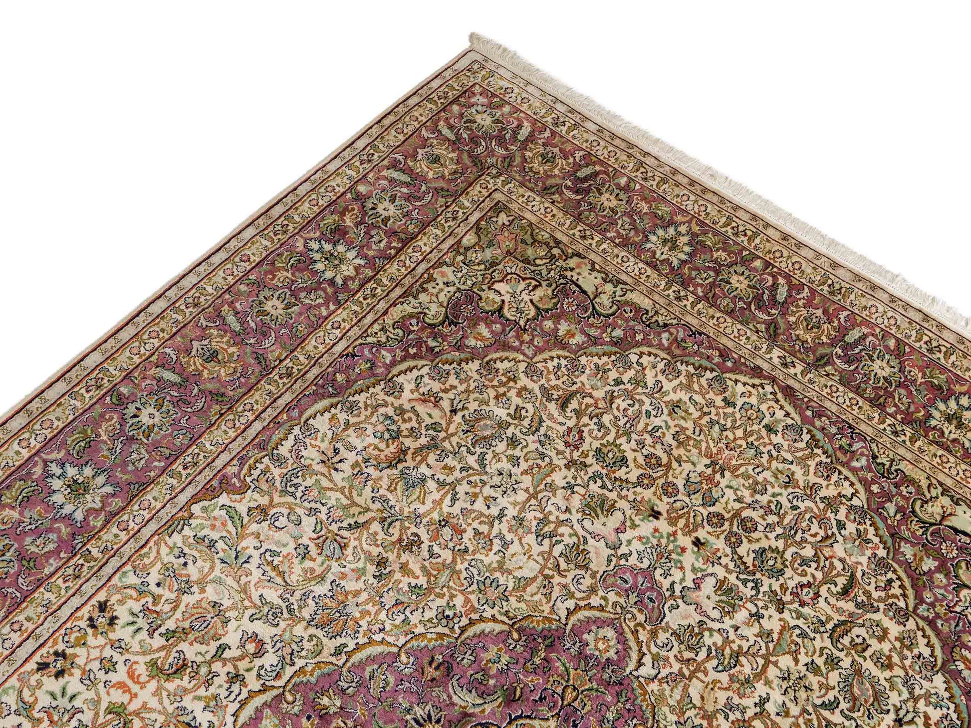 Sehr feiner, handgeknüpfter Kaschmir Seide Orientteppich von Khademi, creme, lila. 279x188 cm. Verkauf durch Jupiter Intl.