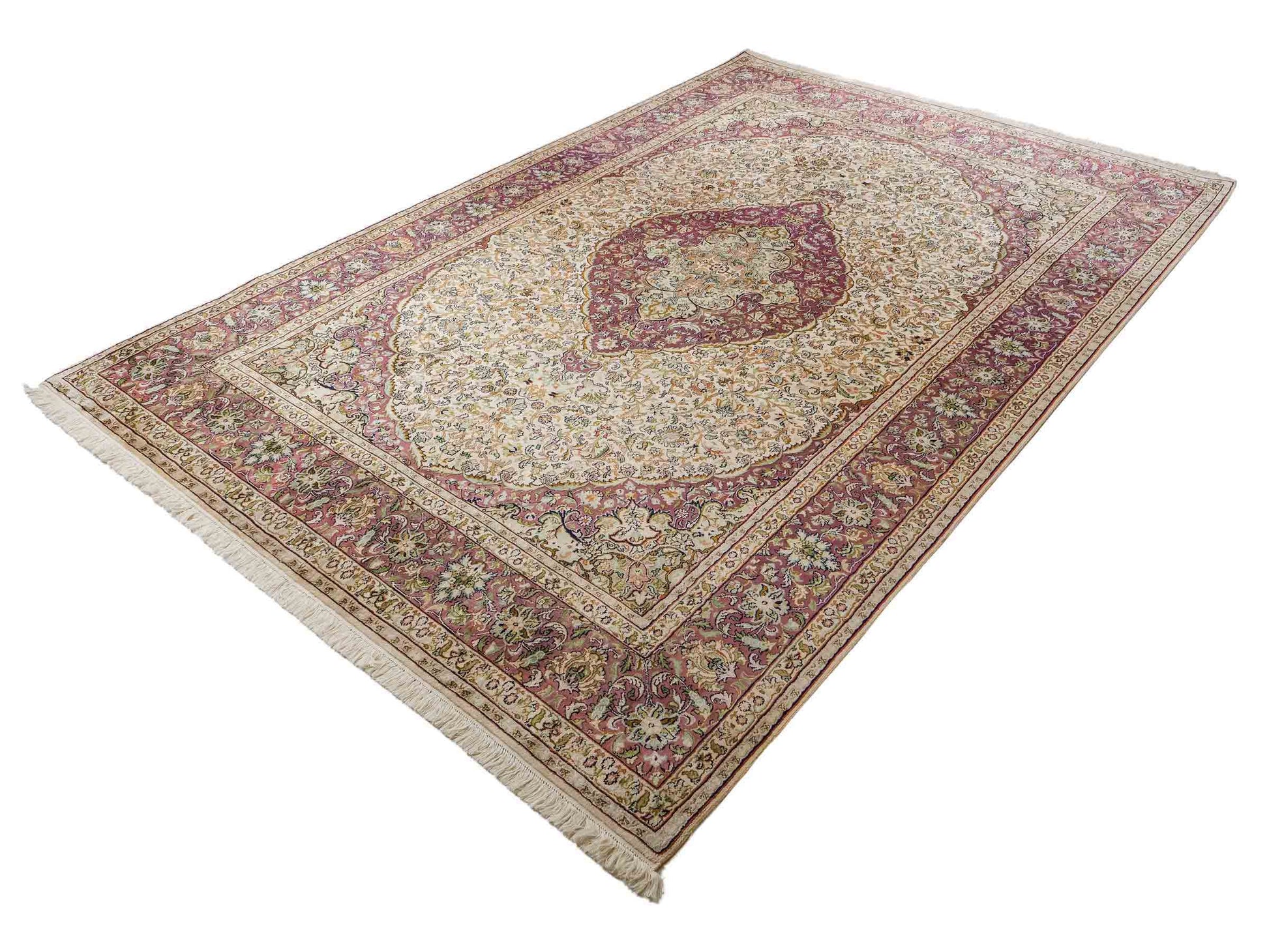 Sehr feiner, handgeknüpfter Kaschmir Seide Orientteppich von Khademi, creme, lila. 279x188 cm. Verkauf durch Jupiter Intl.