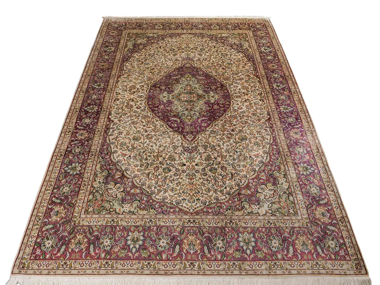 Sehr feiner, handgeknüpfter Kaschmir Seide Orientteppich von Khademi, creme, lila. 279x188 cm. Verkauf durch Jupiter Intl.