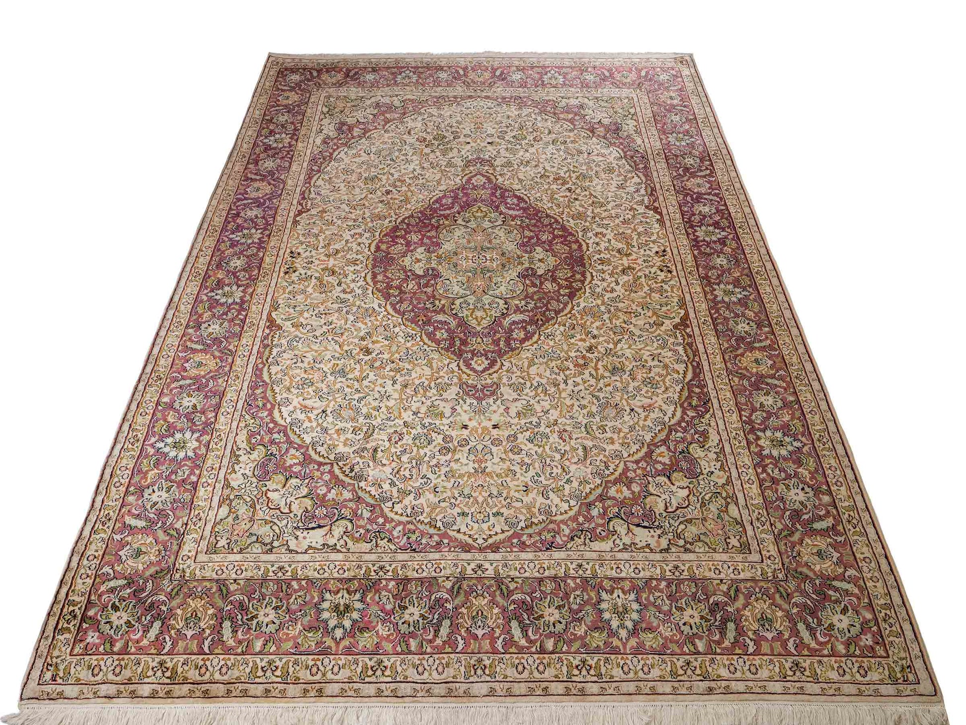 Sehr feiner, handgeknüpfter Kaschmir Seide Orientteppich von Khademi, creme, lila. 279x188 cm. Verkauf durch Jupiter Intl.