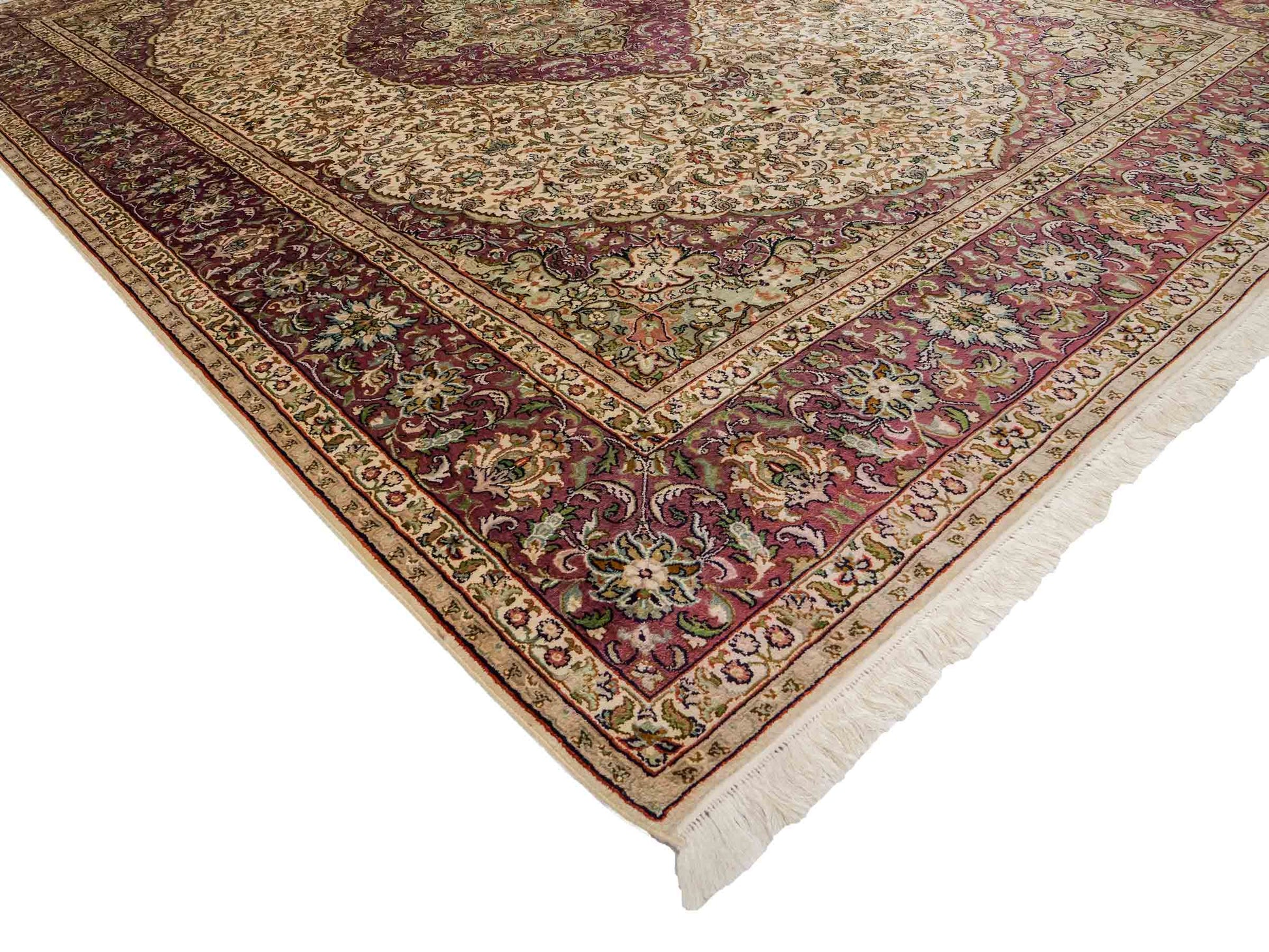 Sehr feiner, handgeknüpfter Kaschmir Seide Orientteppich von Khademi, creme, lila. 279x188 cm. Verkauf durch Jupiter Intl.